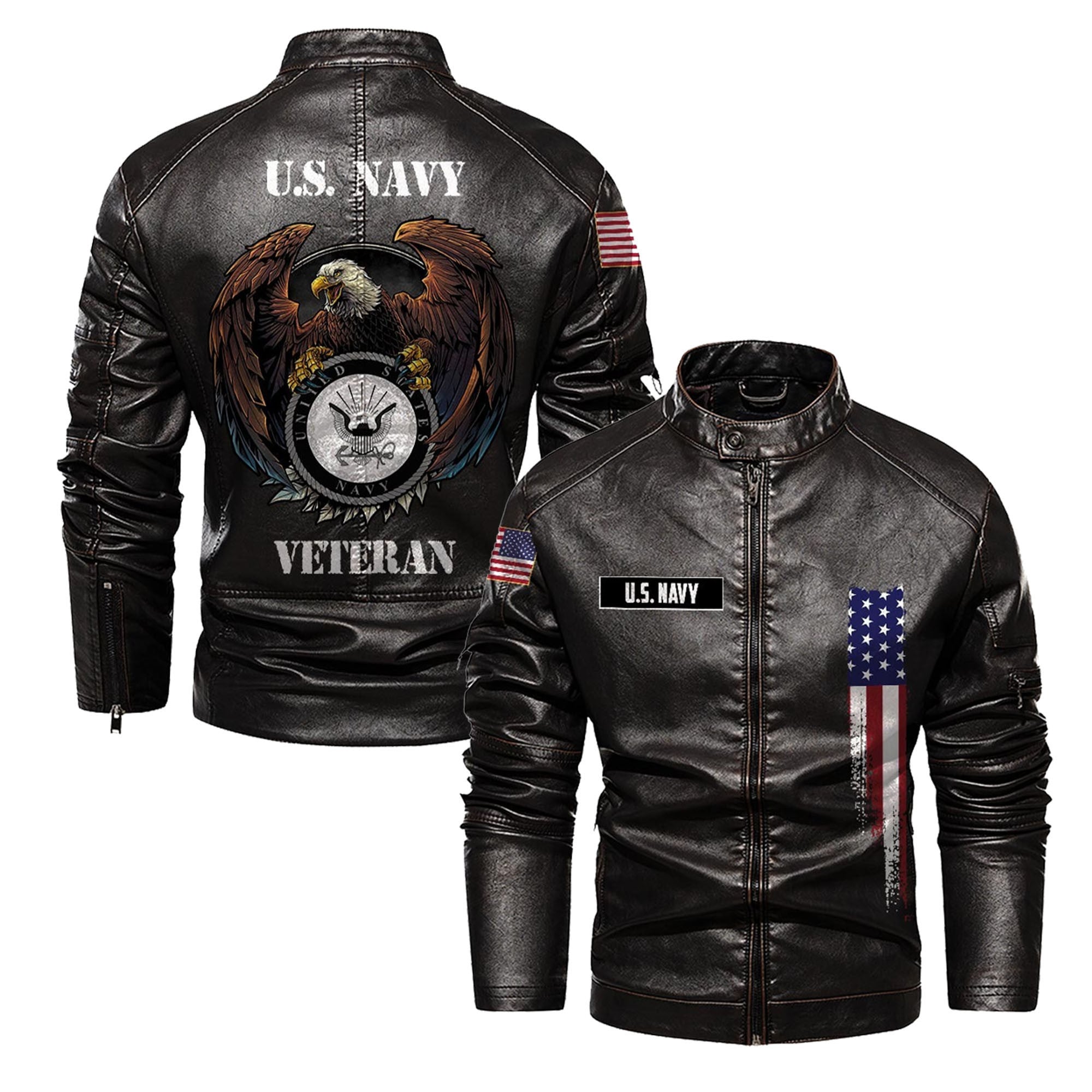 Premium US Navy Veteran Leather Jacket, Gifts For Navy Veteran, Gifts On Father's Day, Veterans Day.