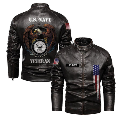 Premium US Navy Veteran Leather Jacket, Gifts For Navy Veteran, Gifts On Father's Day, Veterans Day.