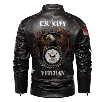 Premium US Navy Veteran Leather Jacket, Gifts For Navy Veteran, Gifts On Father's Day, Veterans Day.