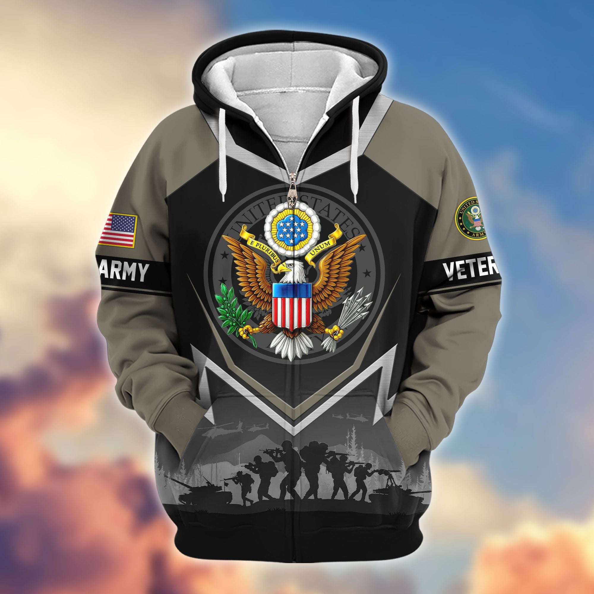 Premium US Veterans Zip Hoodie, Gifts For US Veterans, Gifts On Father's Day, Veterans Day.