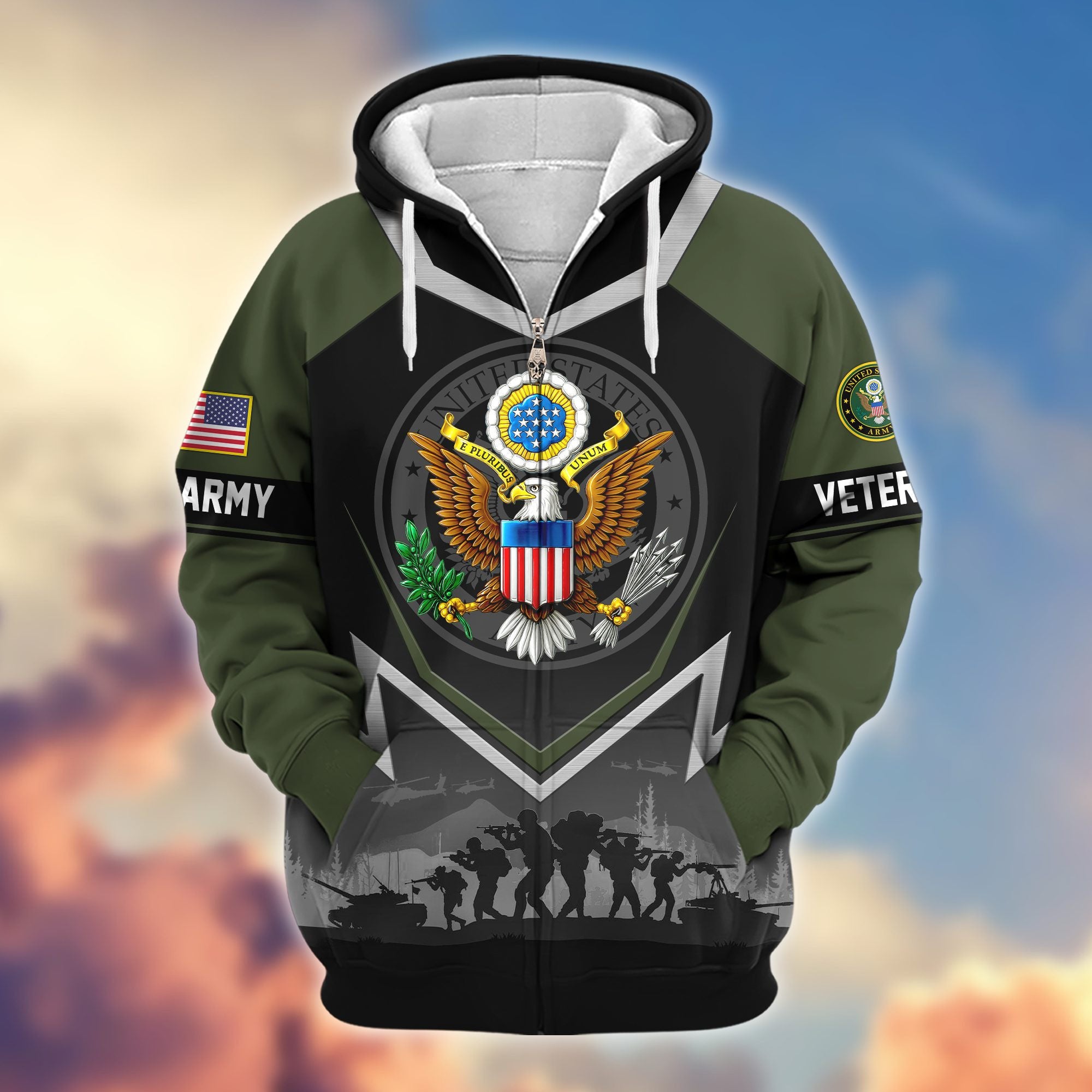 Premium US Veterans Zip Hoodie, Gifts For US Veterans, Gifts On Father's Day, Veterans Day.
