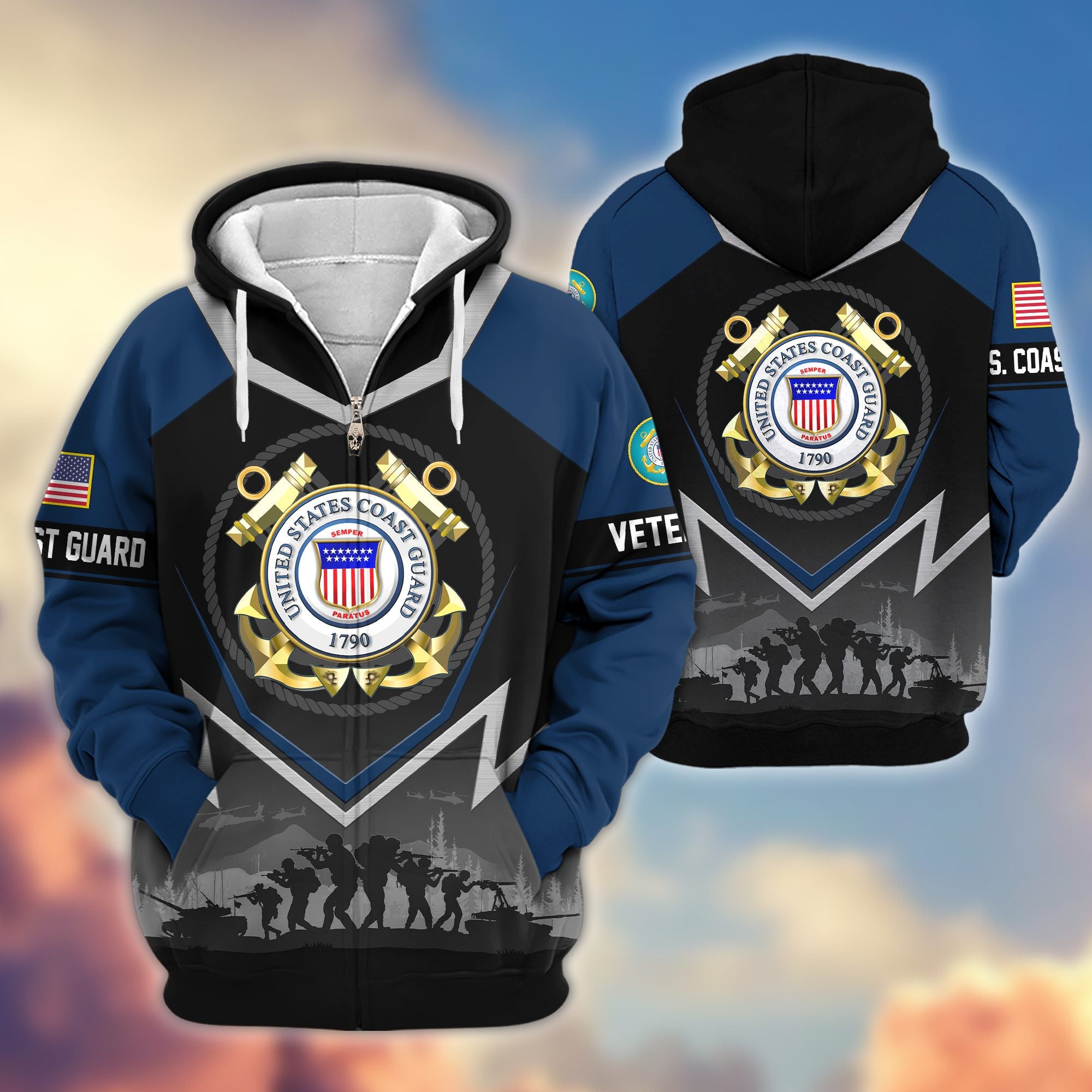Premium US Veterans Zip Hoodie, Gifts For US Veterans, Gifts On Father's Day, Veterans Day.