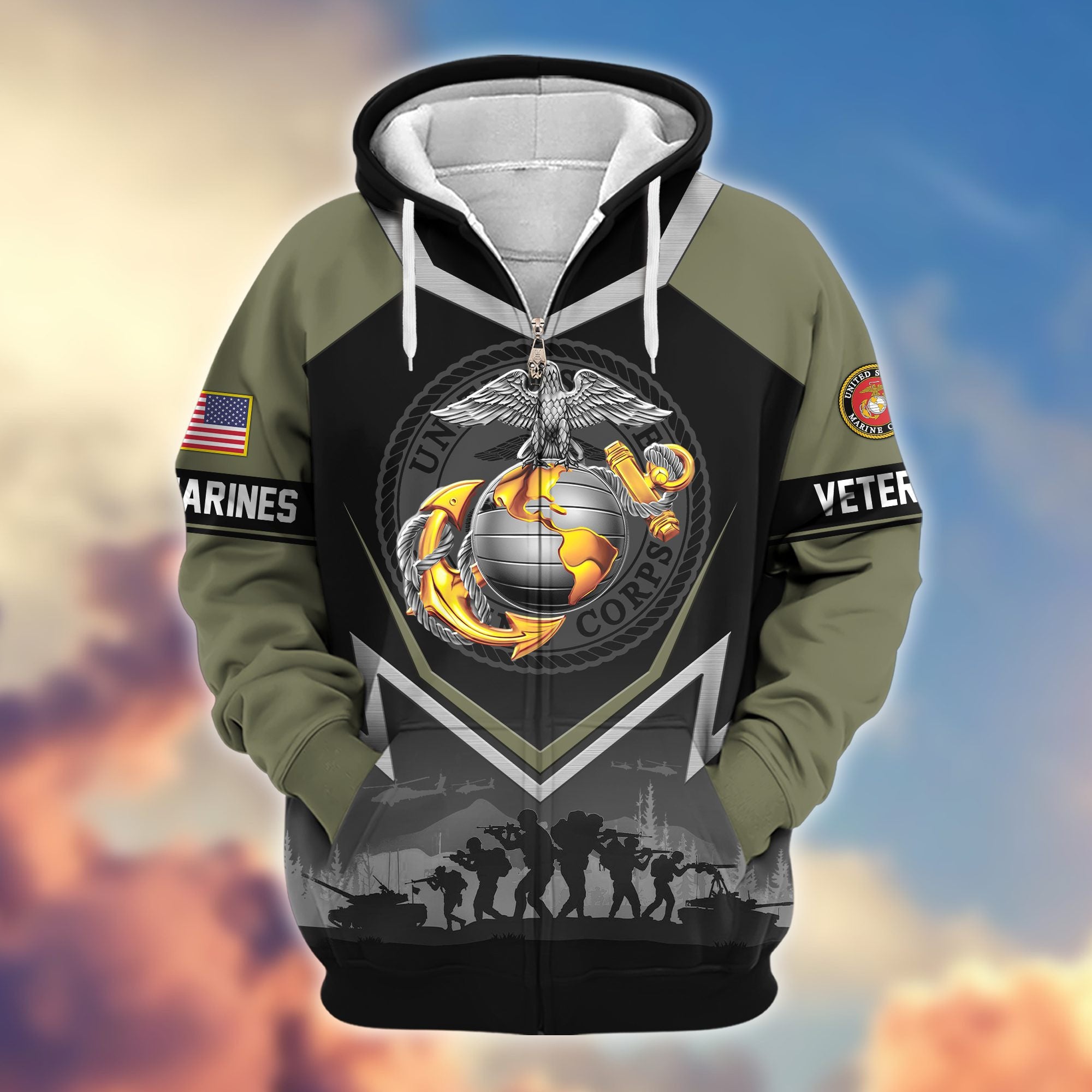Premium US Veterans Zip Hoodie, Gifts For US Veterans, Gifts On Father's Day, Veterans Day.