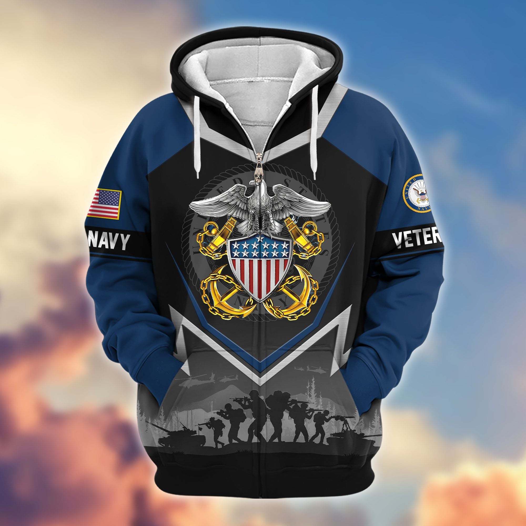 Premium US Veterans Zip Hoodie, Gifts For US Veterans, Gifts On Father's Day, Veterans Day.