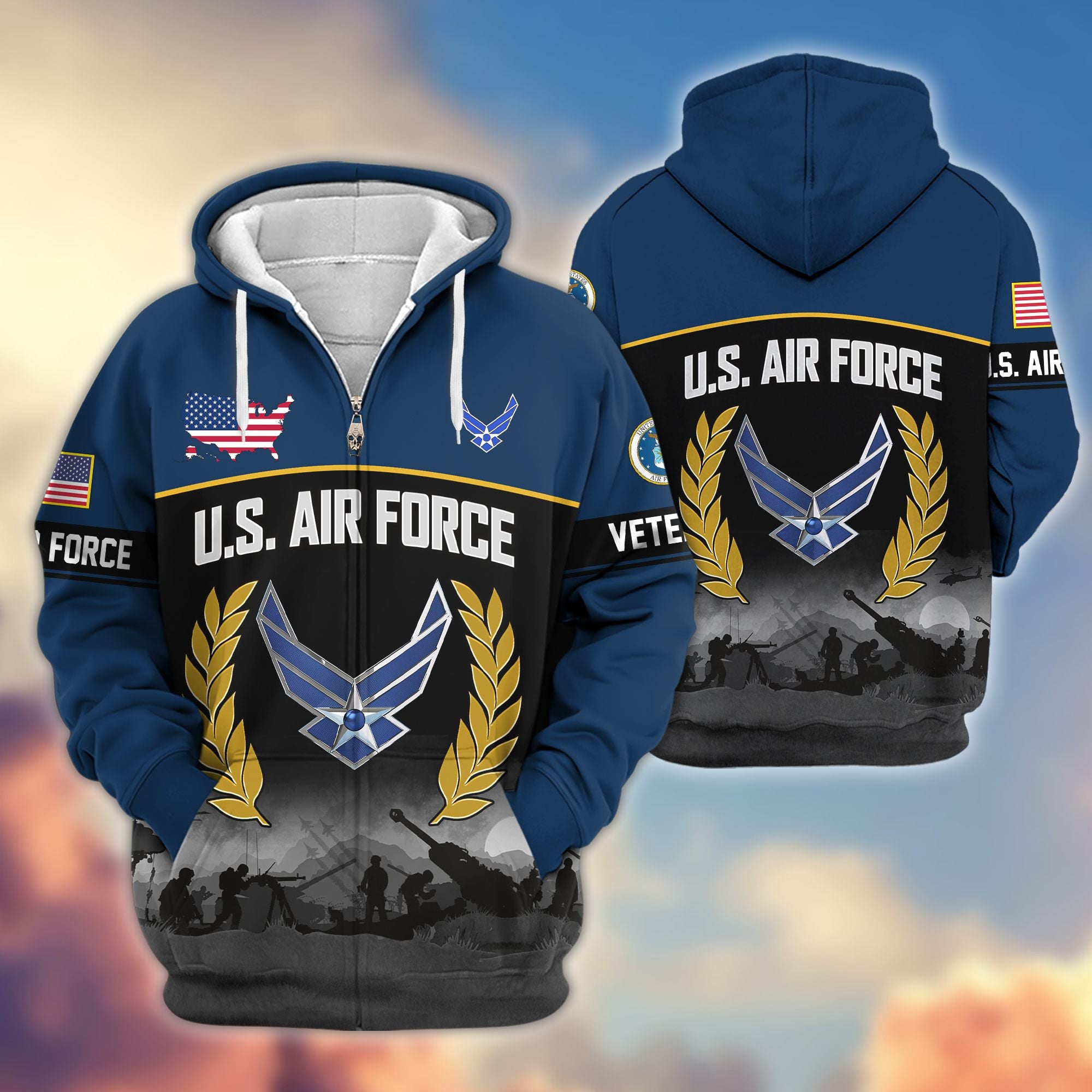 Premium US Veterans Zip Hoodie, Gifts For US Veterans, Gifts On Father's Day, Veterans Day.