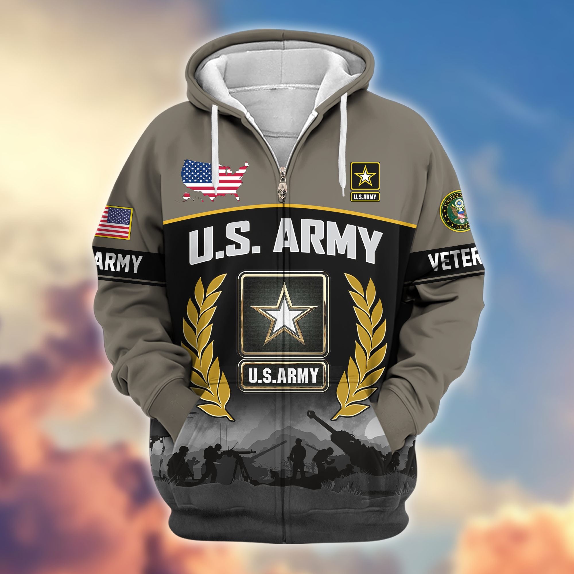 Premium US Veterans Zip Hoodie, Gifts For US Veterans, Gifts On Father's Day, Veterans Day.