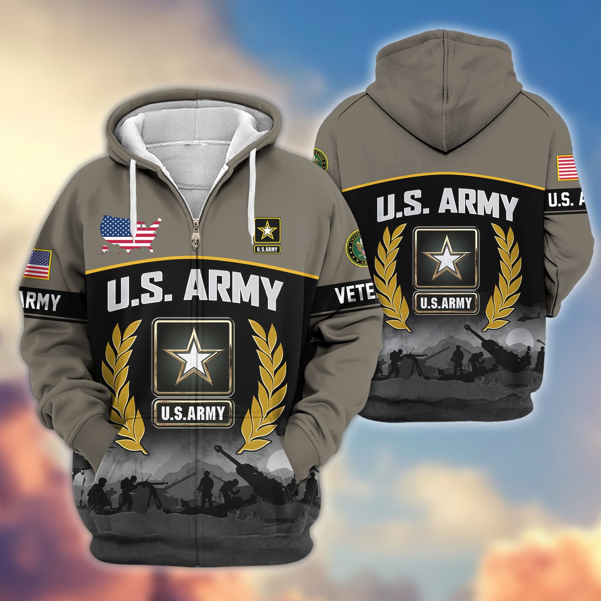 Premium US Veterans Zip Hoodie, Gifts For US Veterans, Gifts On Father's Day, Veterans Day.