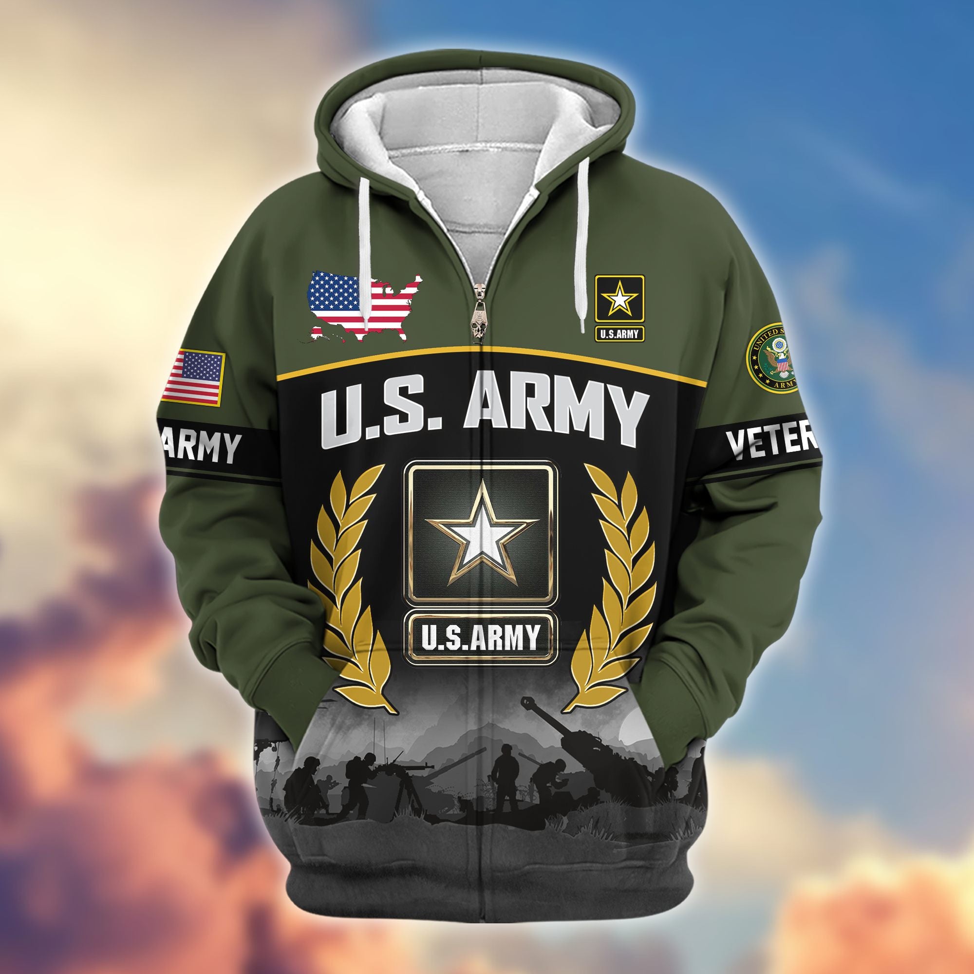 Premium US Veterans Zip Hoodie, Gifts For US Veterans, Gifts On Father's Day, Veterans Day.