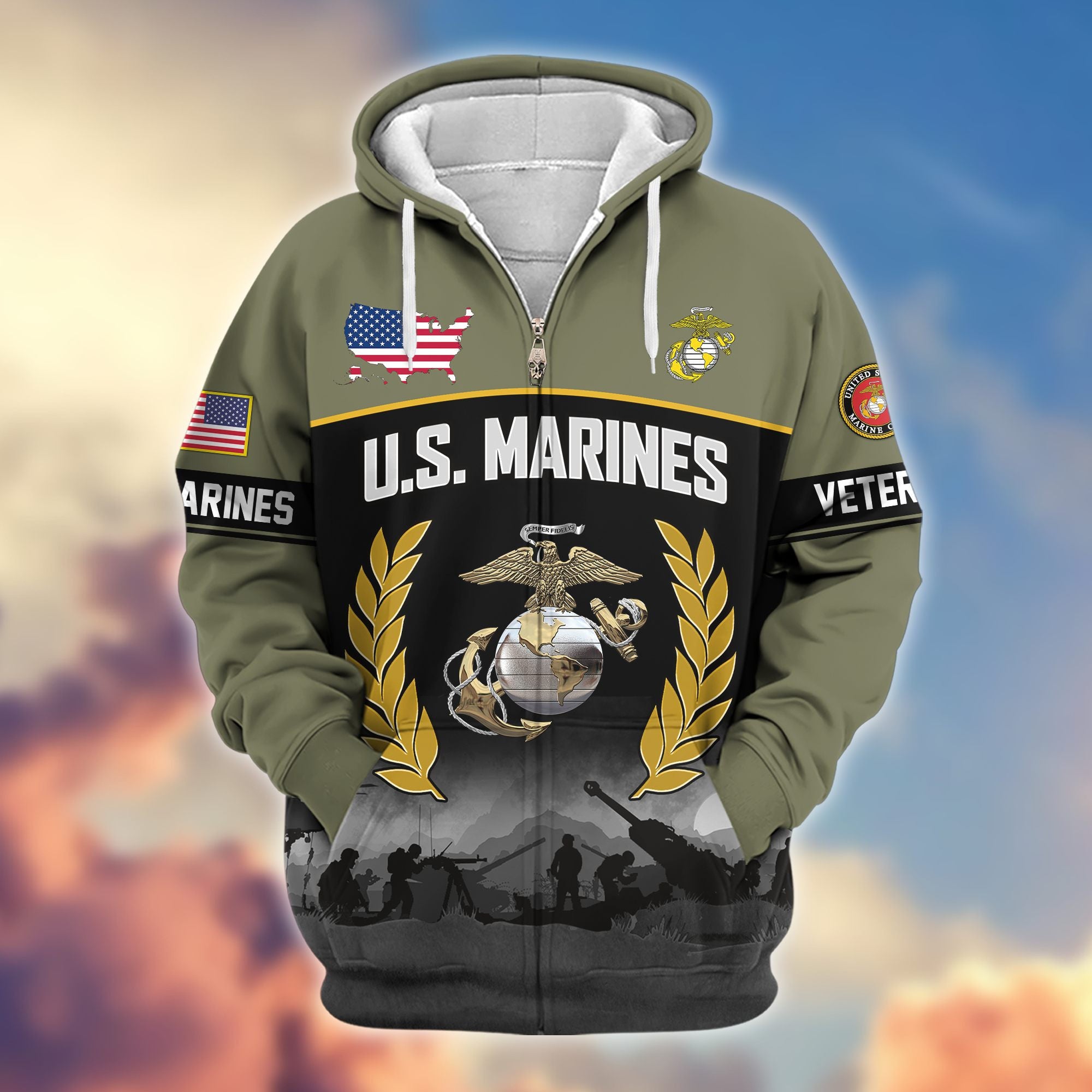Premium US Veterans Zip Hoodie, Gifts For US Veterans, Gifts On Father's Day, Veterans Day.