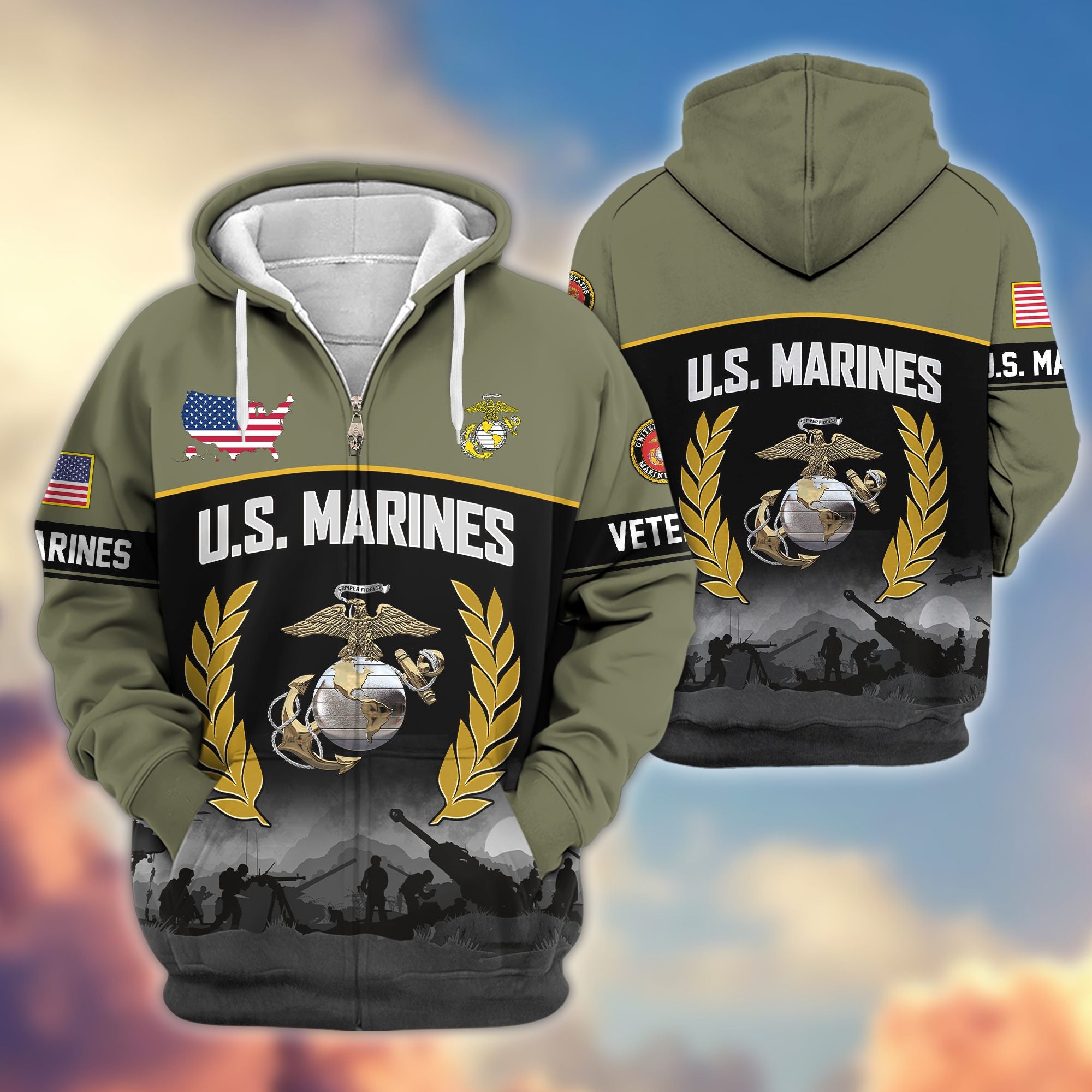 Premium US Veterans Zip Hoodie, Gifts For US Veterans, Gifts On Father's Day, Veterans Day.