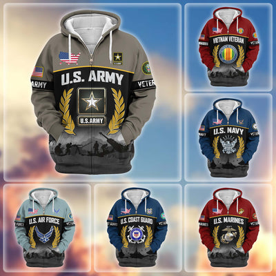 Premium US Veterans Zip Hoodie, Gifts For US Veterans, Gifts On Father's Day, Veterans Day.
