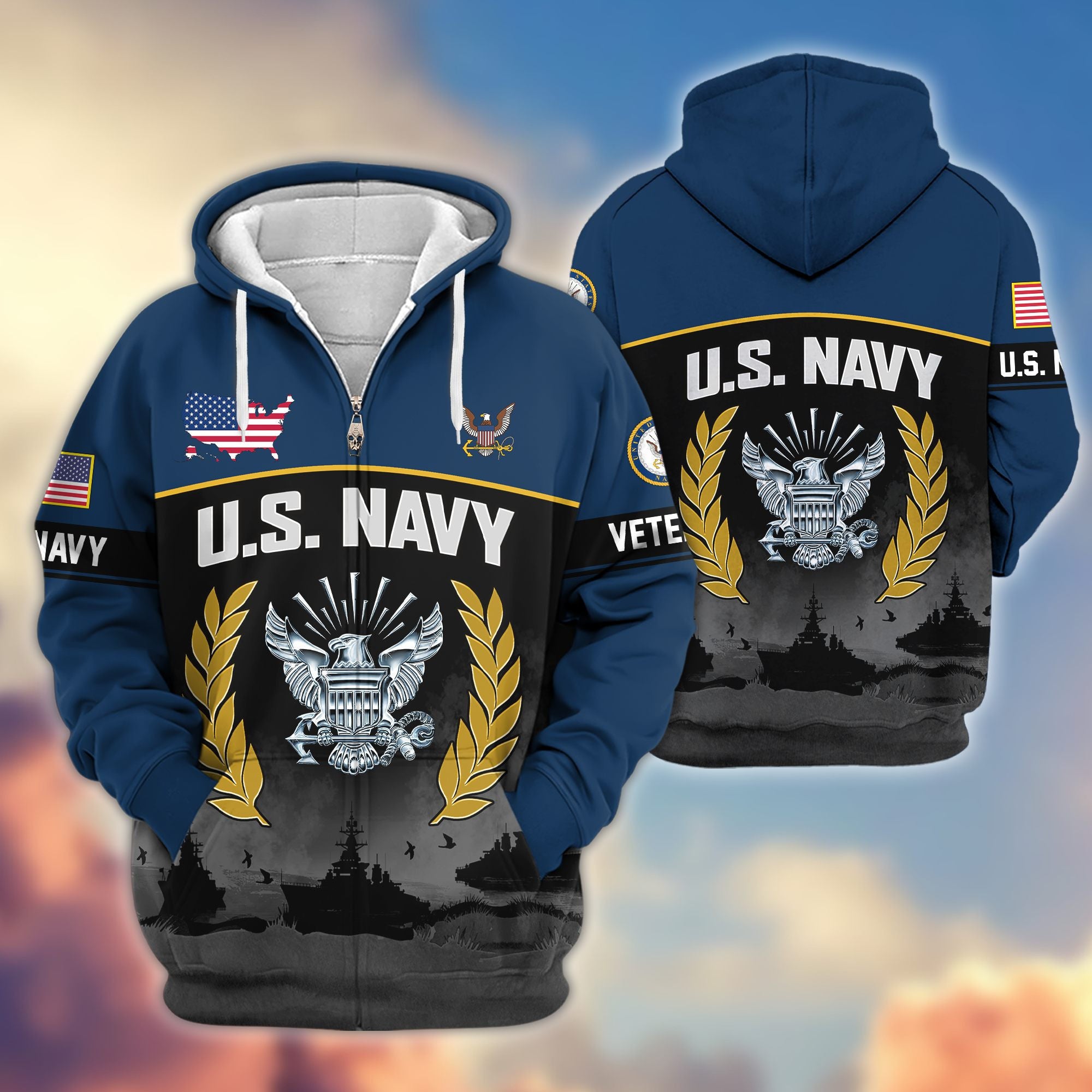 Premium US Veterans Zip Hoodie, Gifts For US Veterans, Gifts On Father's Day, Veterans Day.