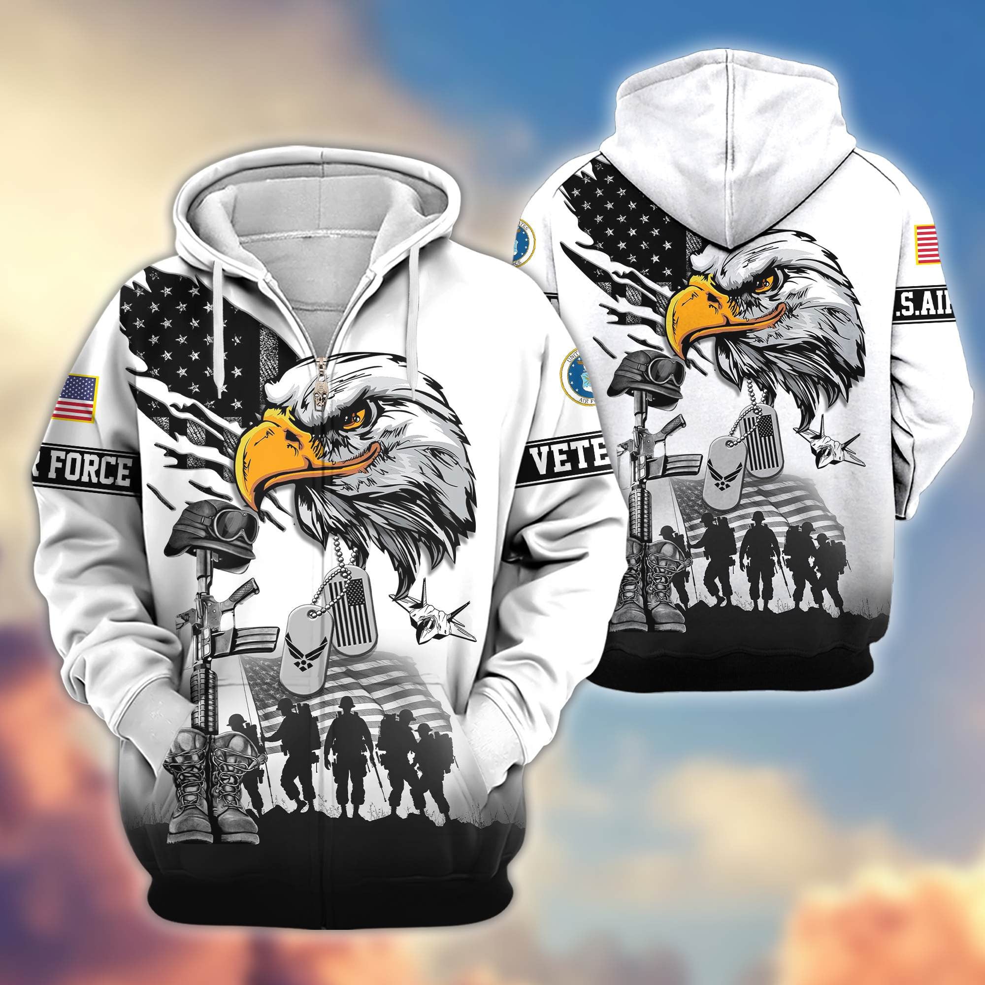 Premium US Veterans Zip Hoodie, Gifts For US Veterans, Gifts On Father's Day, Veterans Day.
