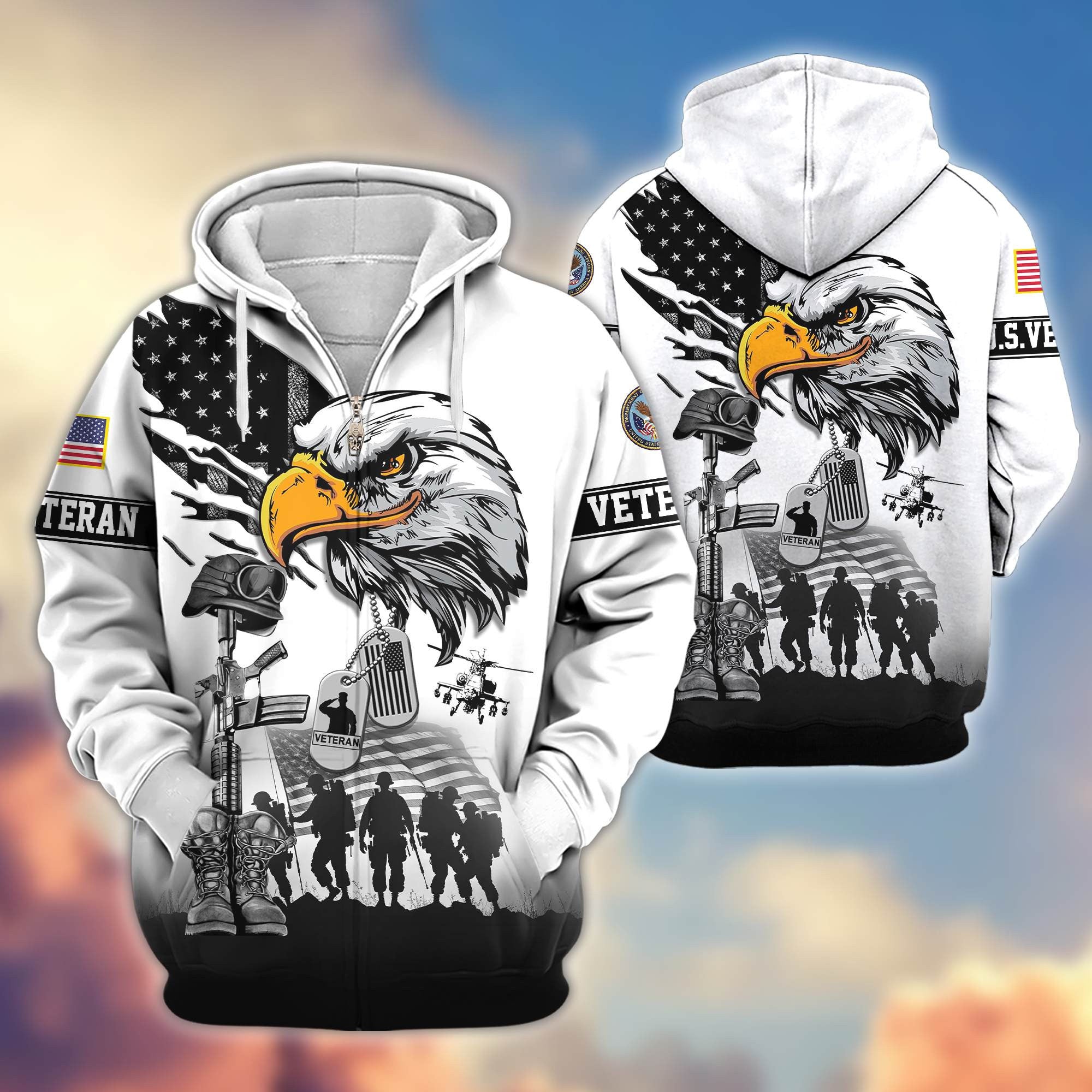 Premium US Veterans Zip Hoodie, Gifts For US Veterans, Gifts On Father's Day, Veterans Day.