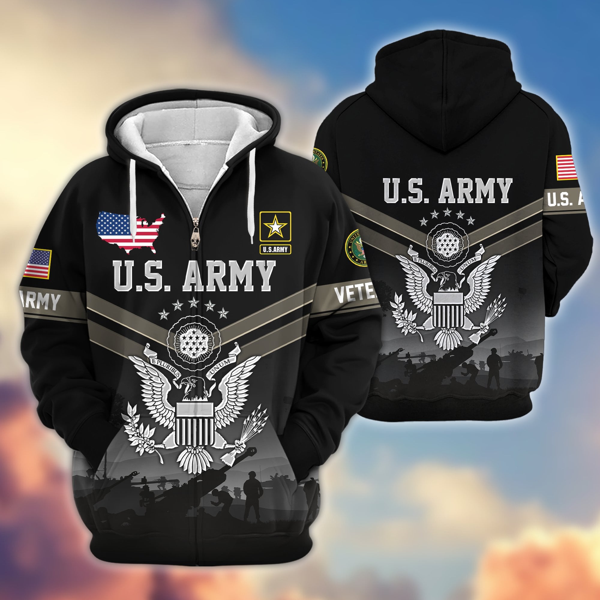 Premium US Veterans Zip Hoodie, Gifts For US Veterans, Gifts On Father's Day, Veterans Day.