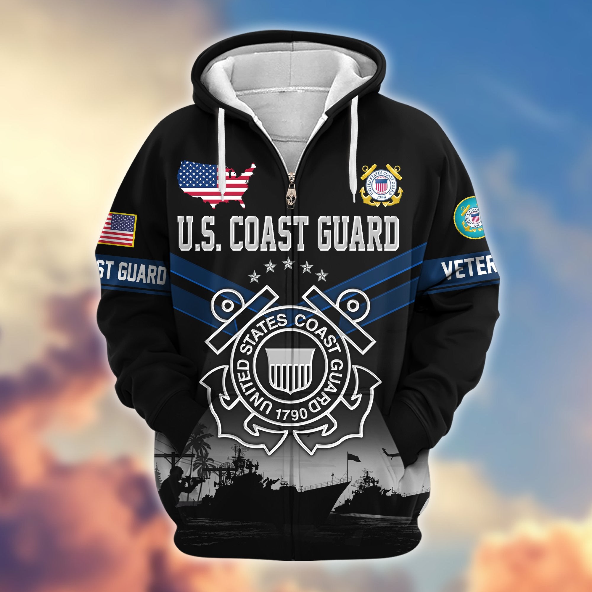 Premium US Veterans Zip Hoodie, Gifts For US Veterans, Gifts On Father's Day, Veterans Day.