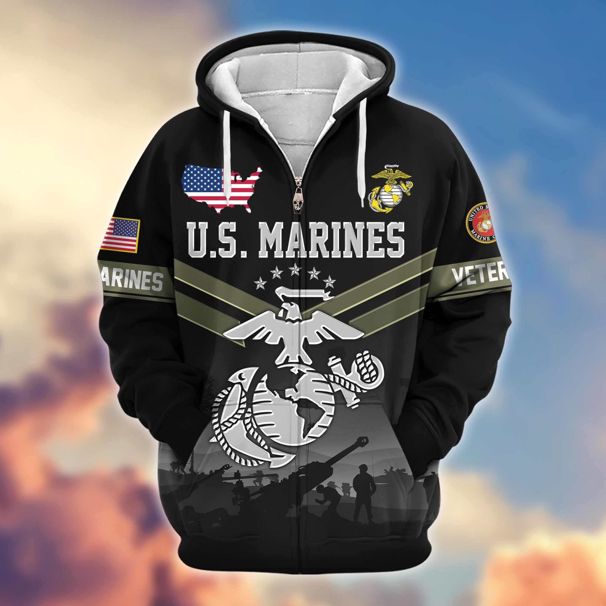 Premium US Veterans Zip Hoodie, Gifts For US Veterans, Gifts On Father's Day, Veterans Day.