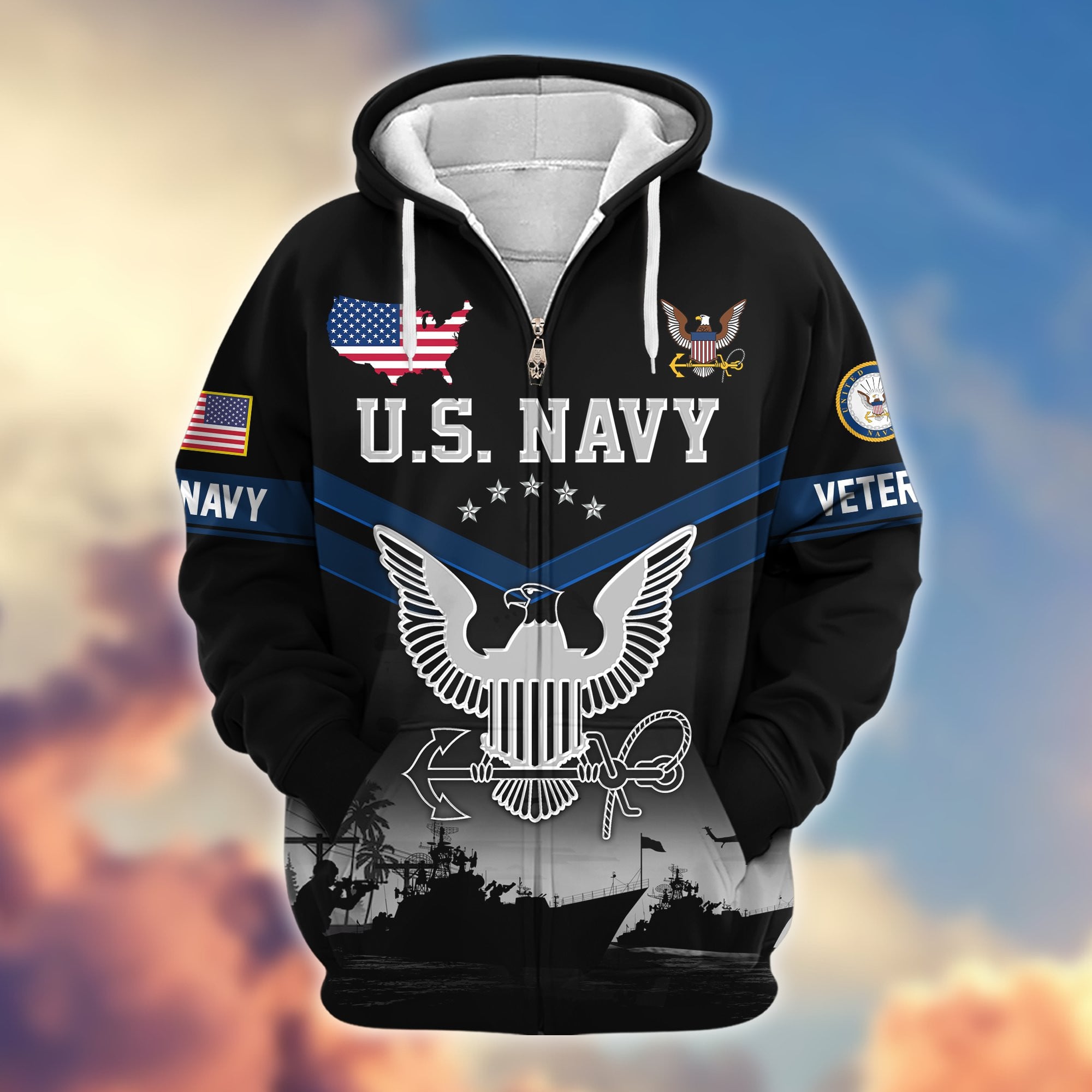 Premium US Veterans Zip Hoodie, Gifts For US Veterans, Gifts On Father's Day, Veterans Day.
