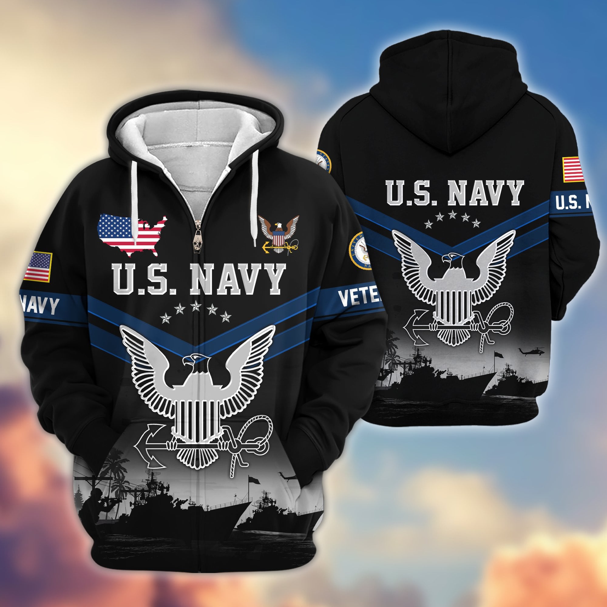 Premium US Veterans Zip Hoodie, Gifts For US Veterans, Gifts On Father's Day, Veterans Day.