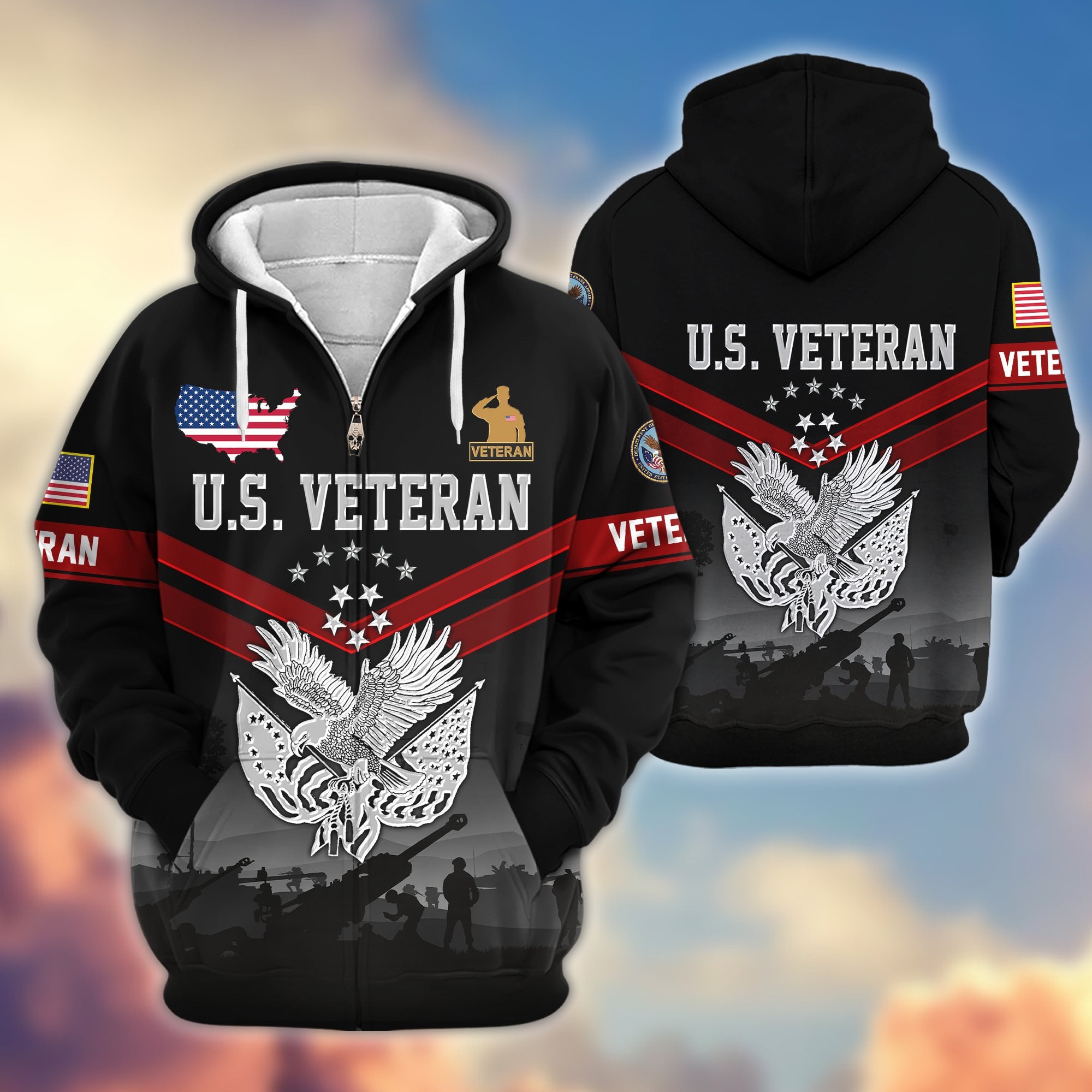 Premium US Veterans Zip Hoodie, Gifts For US Veterans, Gifts On Father's Day, Veterans Day.