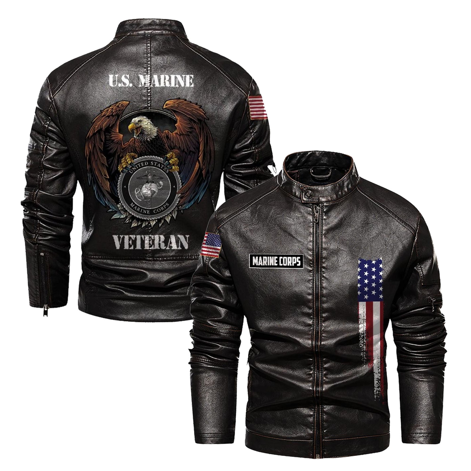 Premium USMC Veteran Leather Jacket, Gifts For Marine Veteran, Gifts On Father's Day, Veterans Day.