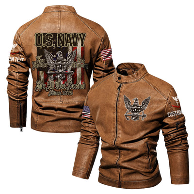 Premium Custom US Navy Veteran Leather Jacket, Gifts For Navy Veteran, Gifts On Father's Day, Veterans Day.