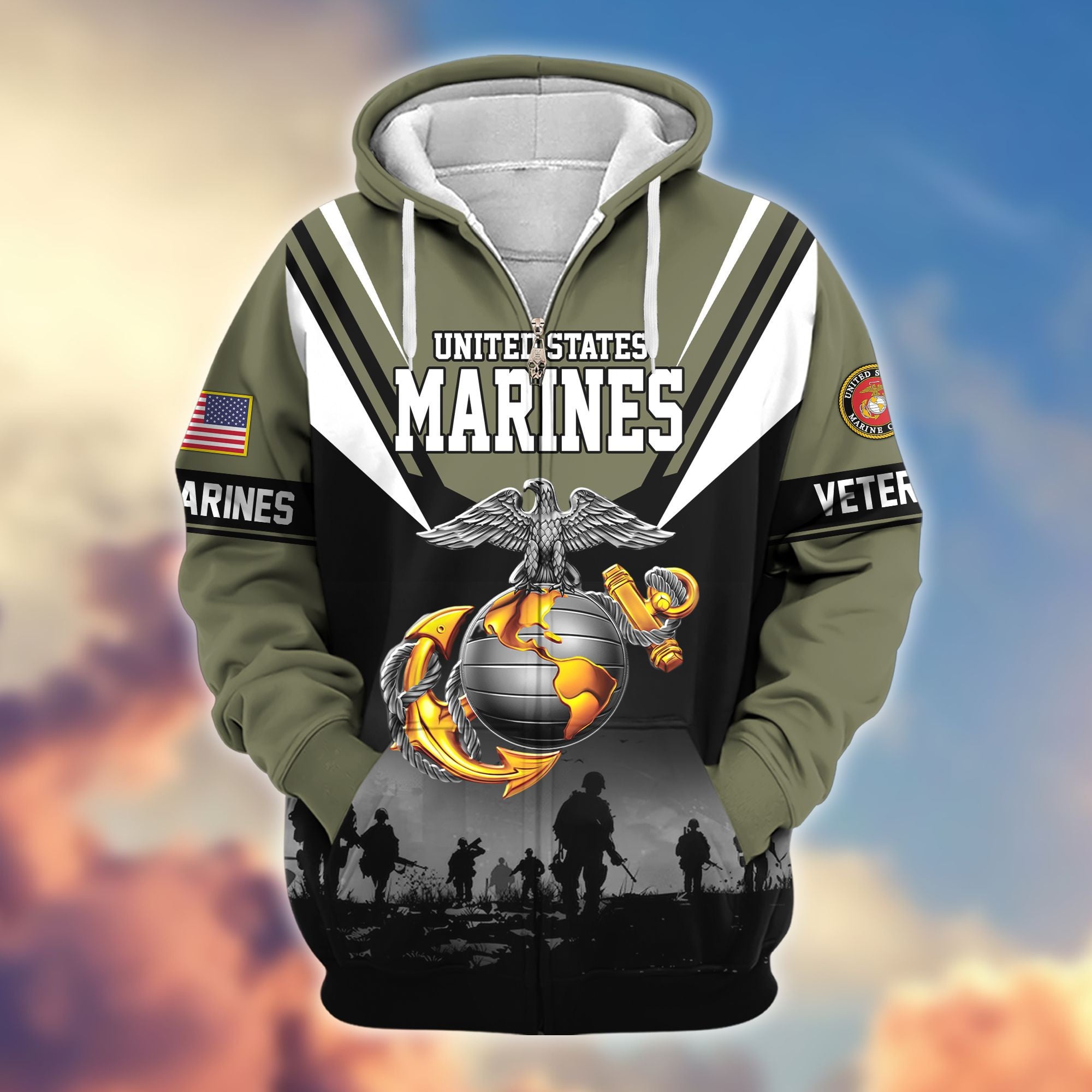 Premium US Veterans Zip Hoodie, Gifts For US Veterans, Gifts On Father's Day, Veterans Day.