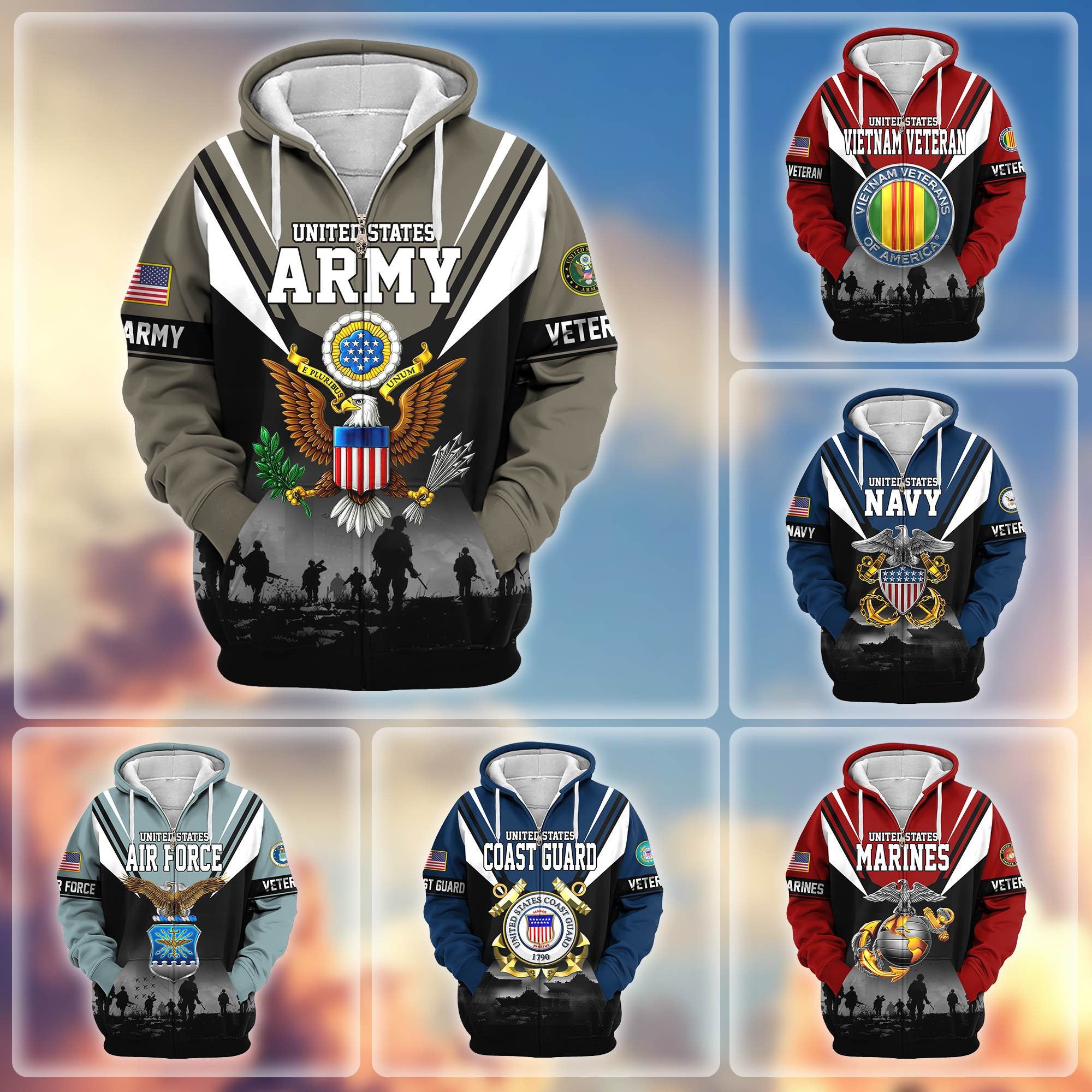 Premium US Veterans Zip Hoodie, Gifts For US Veterans, Gifts On Father's Day, Veterans Day.