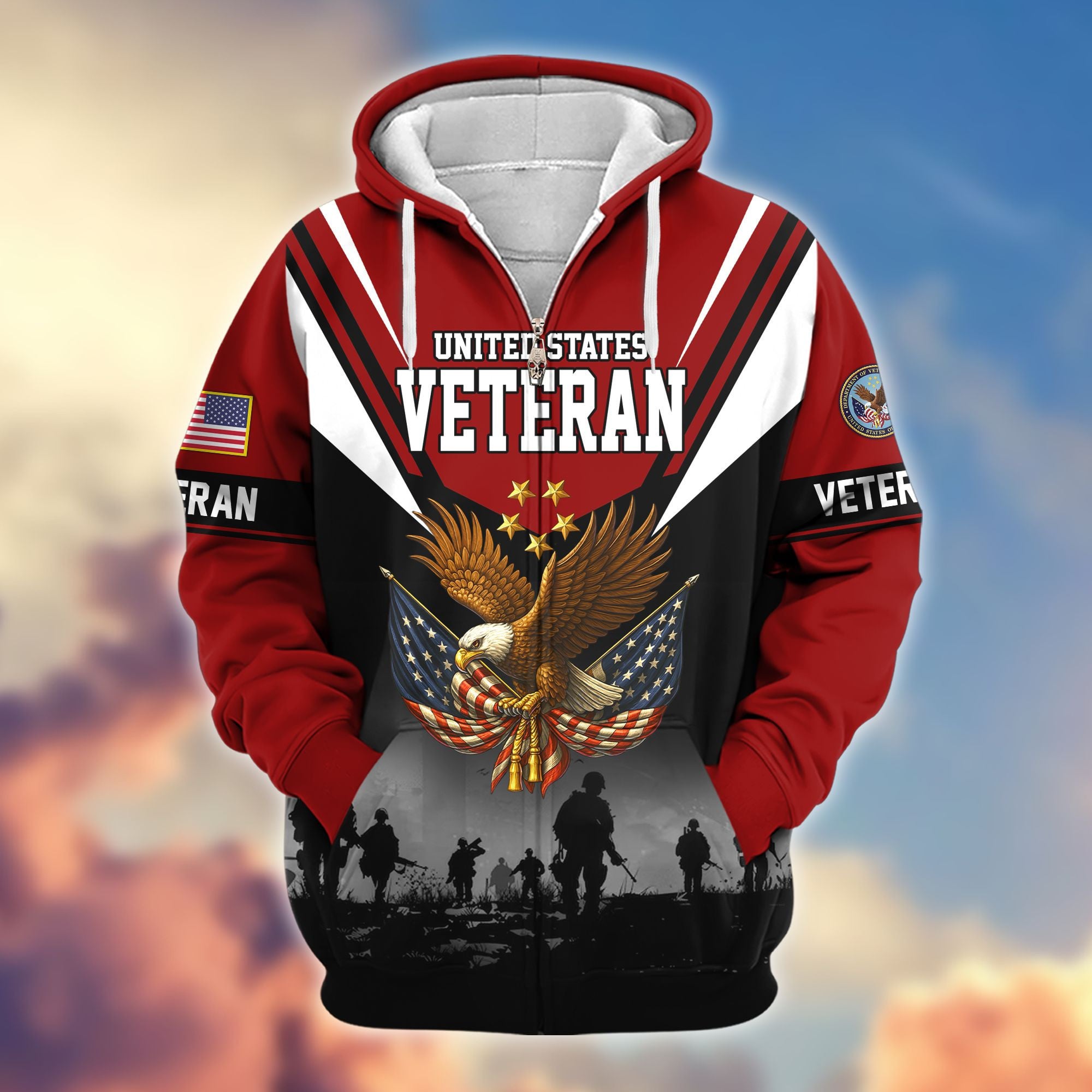 Premium US Veterans Zip Hoodie, Gifts For US Veterans, Gifts On Father's Day, Veterans Day.