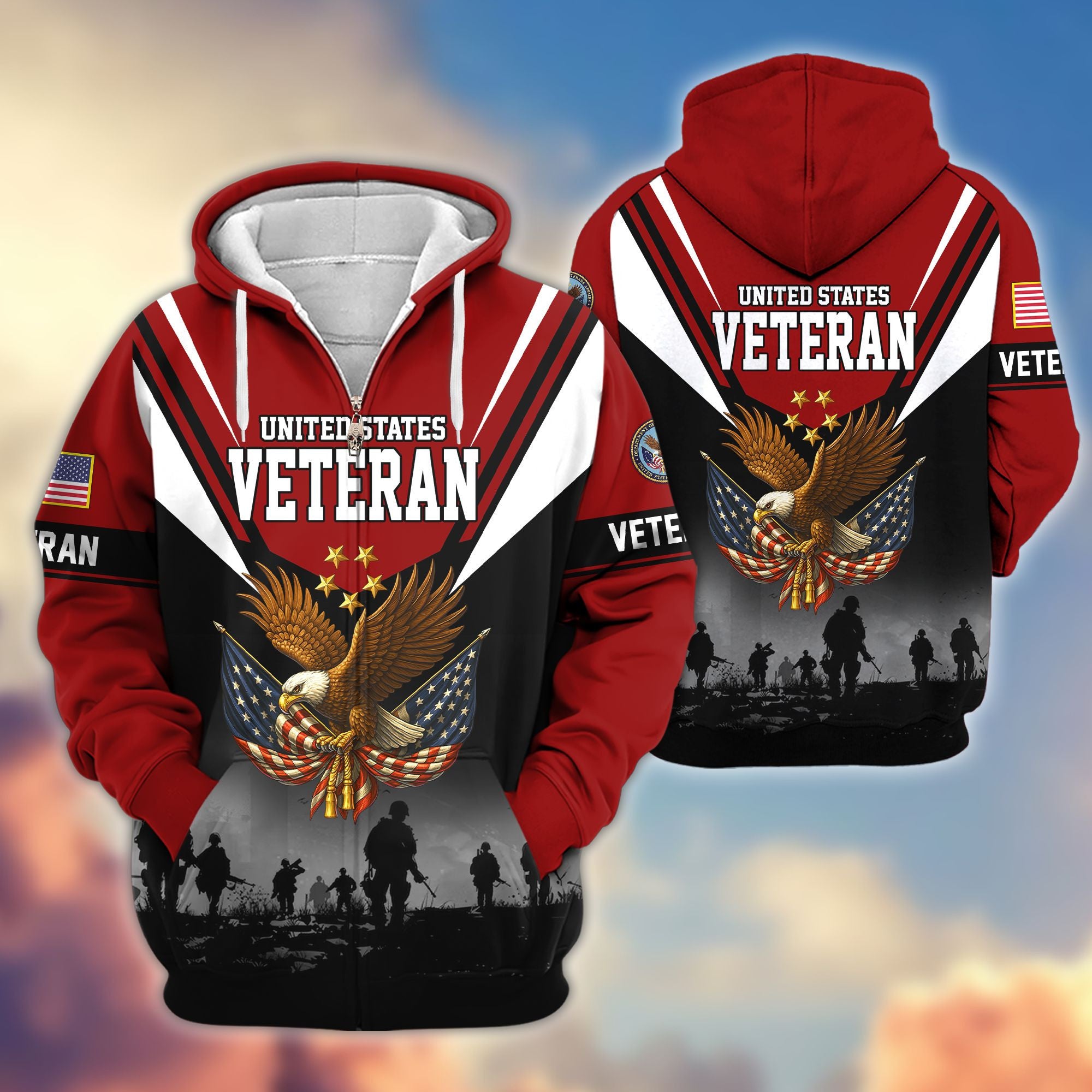 Premium US Veterans Zip Hoodie, Gifts For US Veterans, Gifts On Father's Day, Veterans Day.