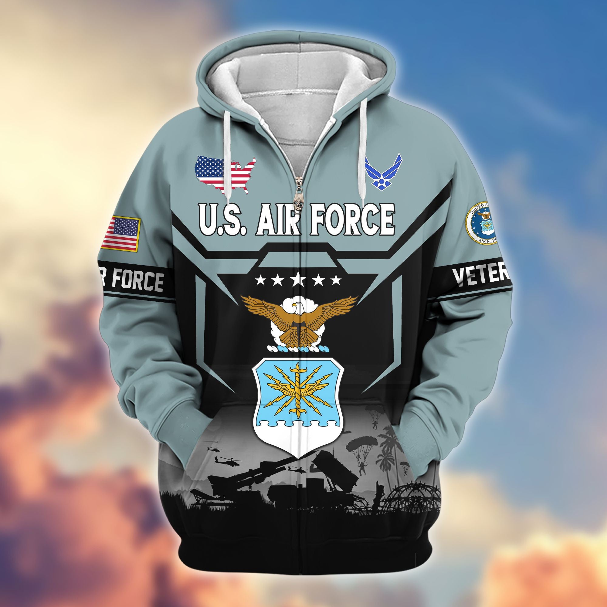 Premium US Veterans Zip Hoodie, Gifts For US Veterans, Gifts On Father's Day, Veterans Day.