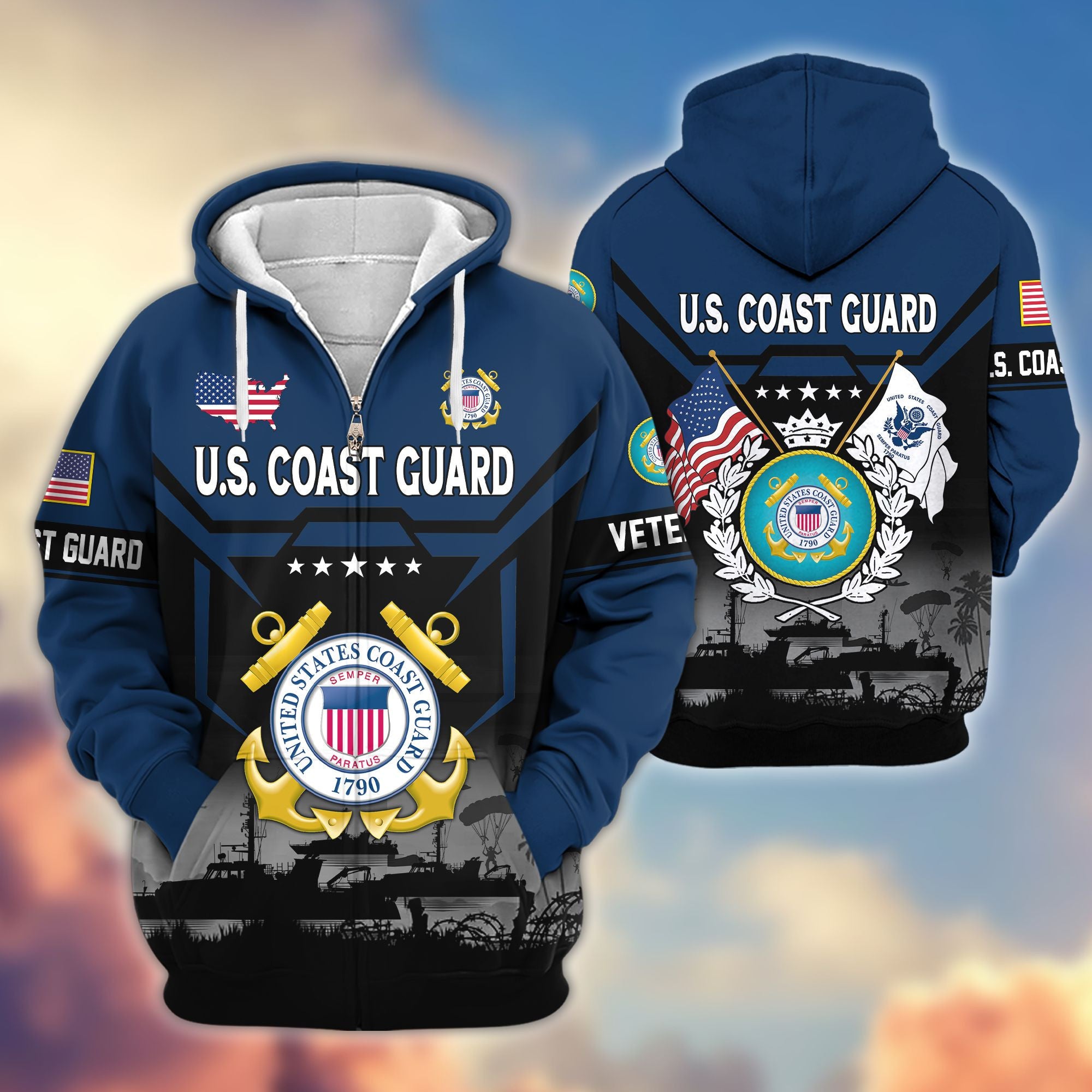 Premium US Veterans Zip Hoodie, Gifts For US Veterans, Gifts On Father's Day, Veterans Day.