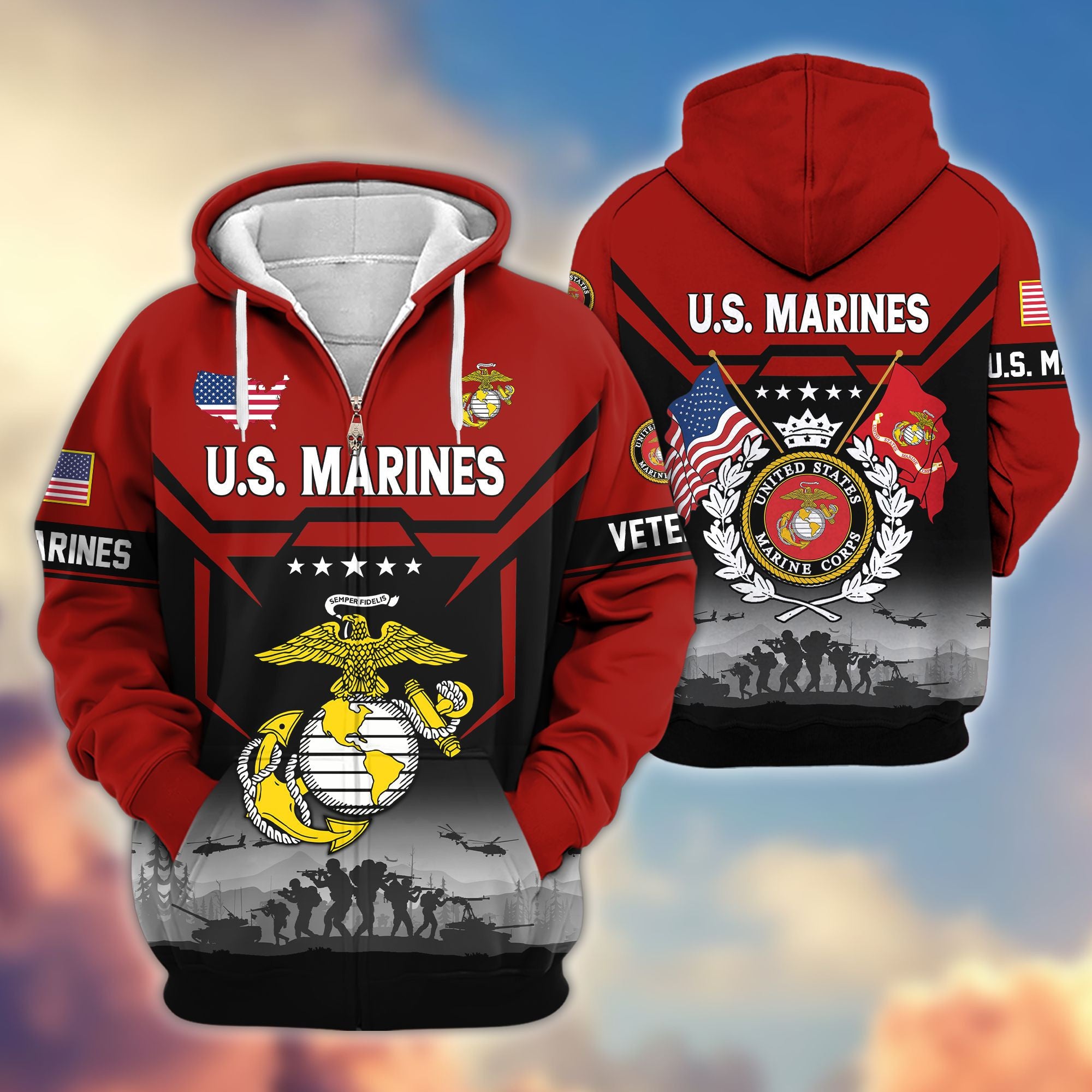Premium US Veterans Zip Hoodie, Gifts For US Veterans, Gifts On Father's Day, Veterans Day.