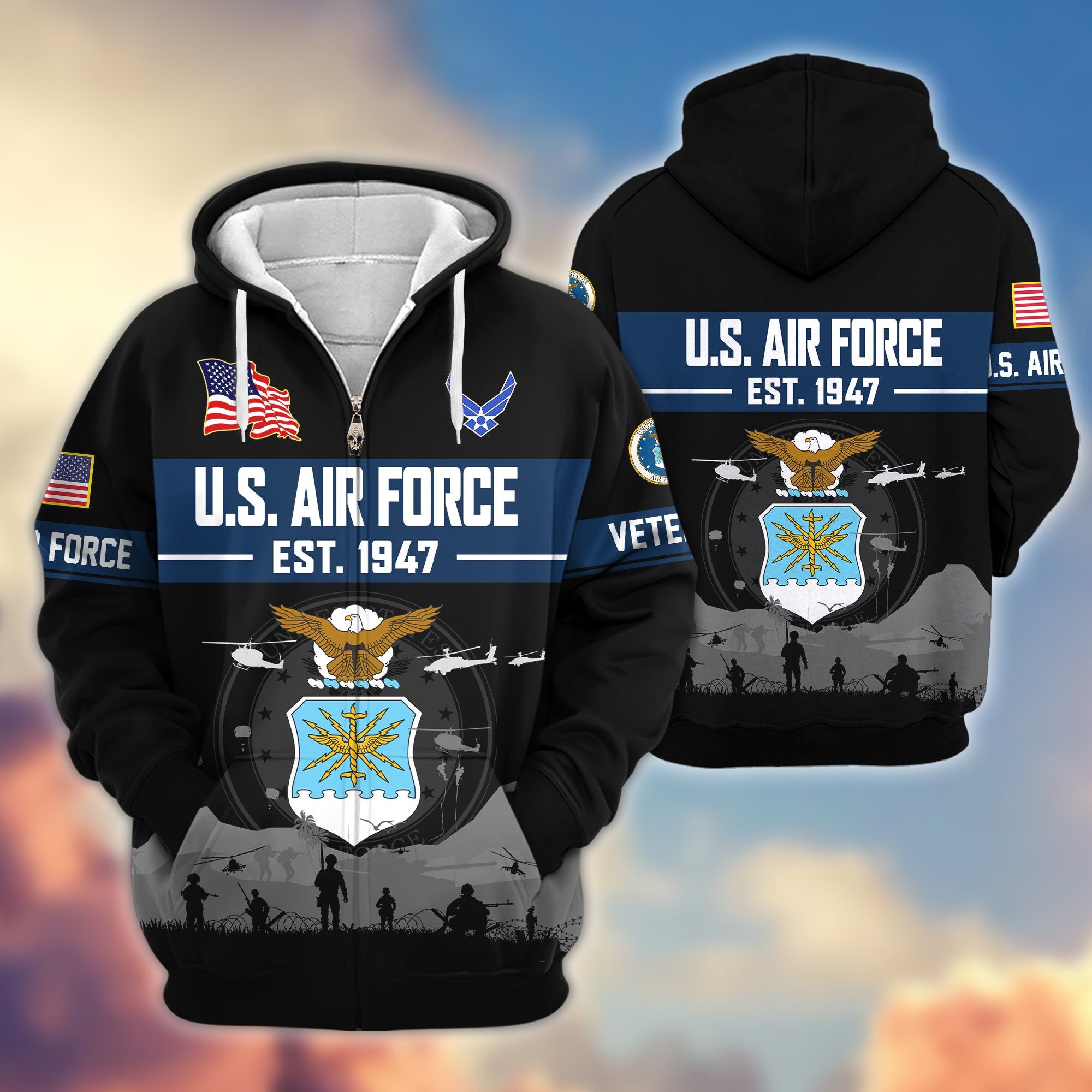 Premium US Veterans Zip Hoodie, Gifts For US Veterans, Gifts On Father's Day, Veterans Day.