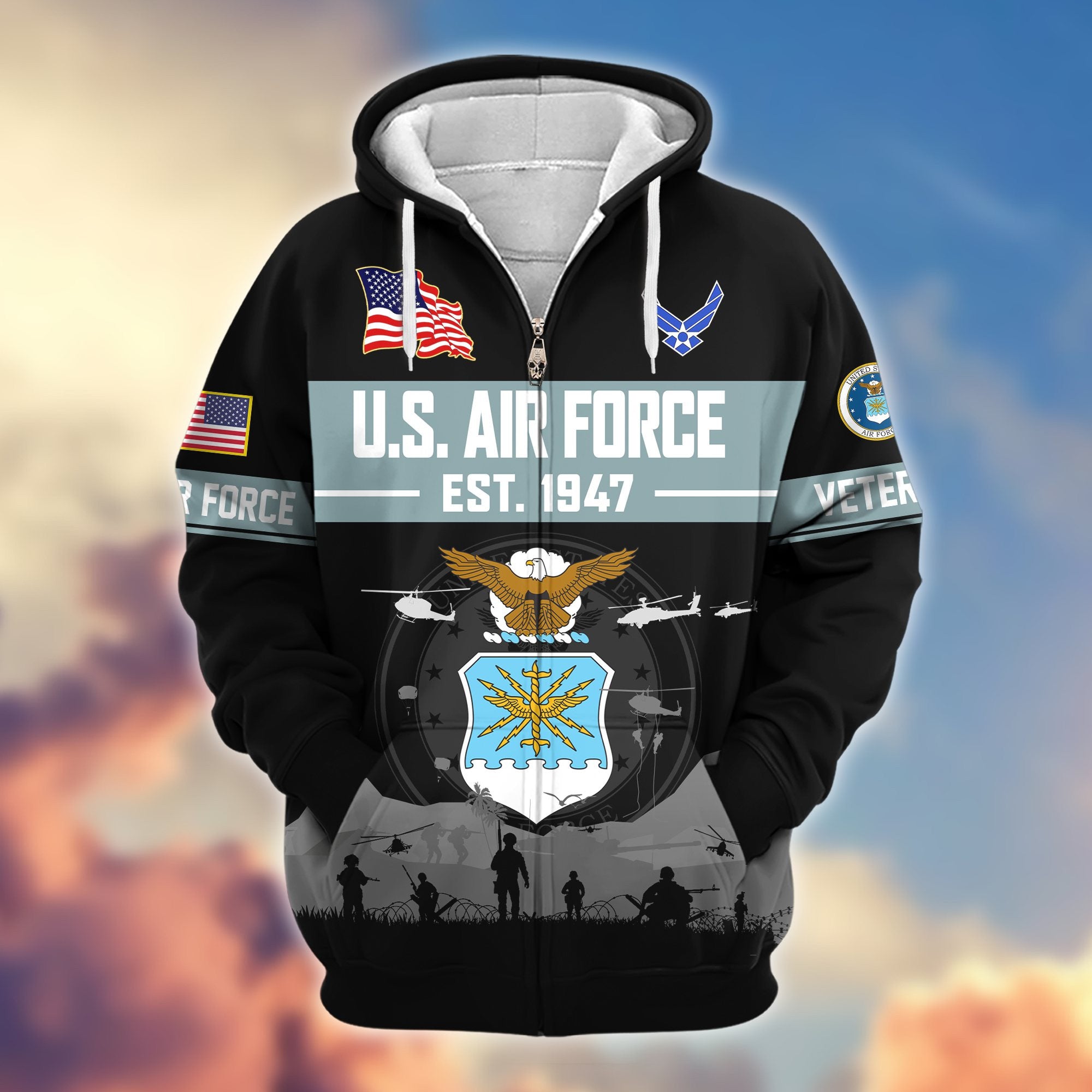 Premium US Veterans Zip Hoodie, Gifts For US Veterans, Gifts On Father's Day, Veterans Day.