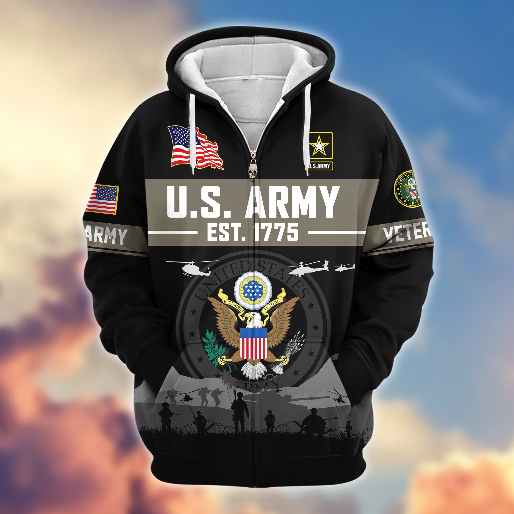 Premium US Veterans Zip Hoodie, Gifts For US Veterans, Gifts On Father's Day, Veterans Day.