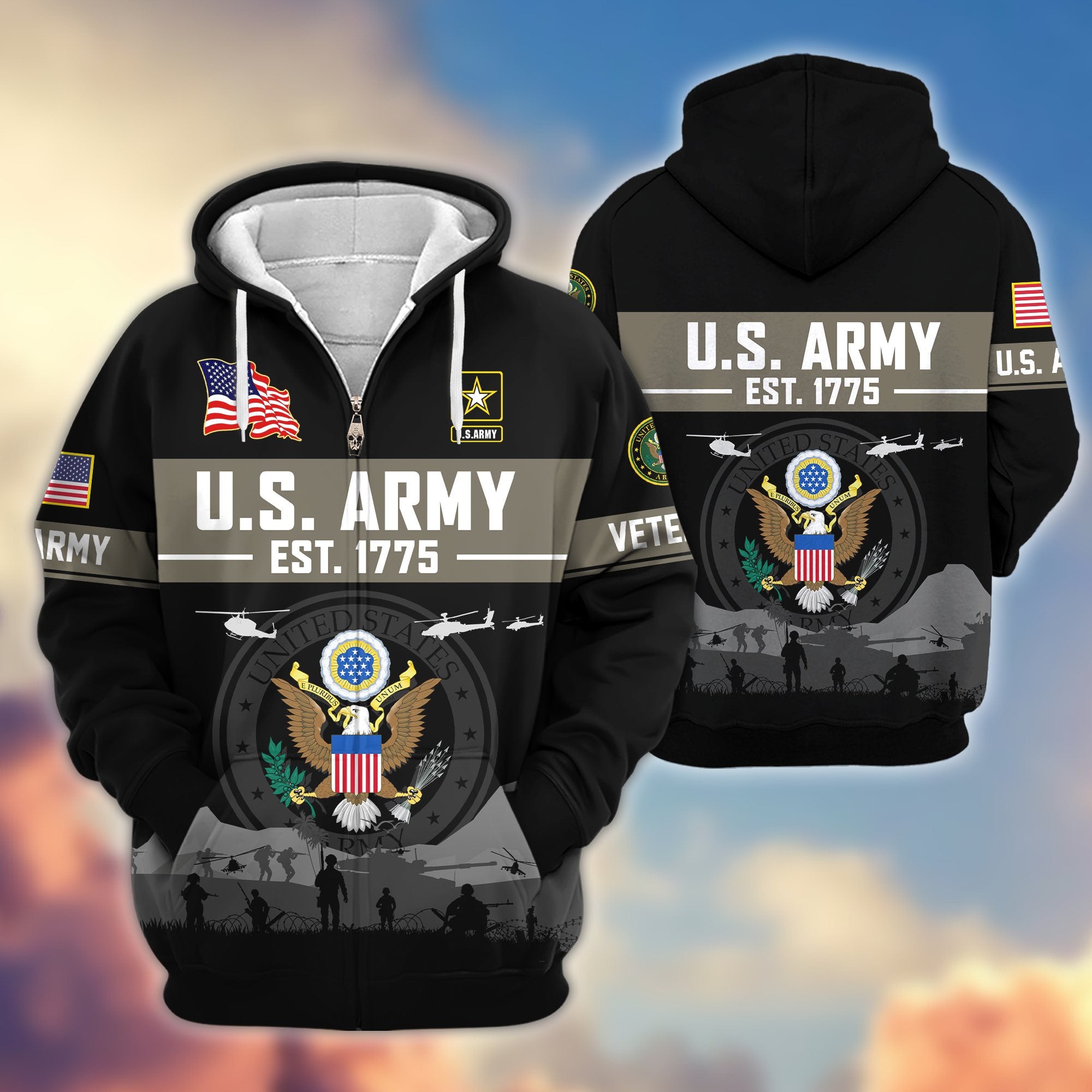 Premium US Veterans Zip Hoodie, Gifts For US Veterans, Gifts On Father's Day, Veterans Day.