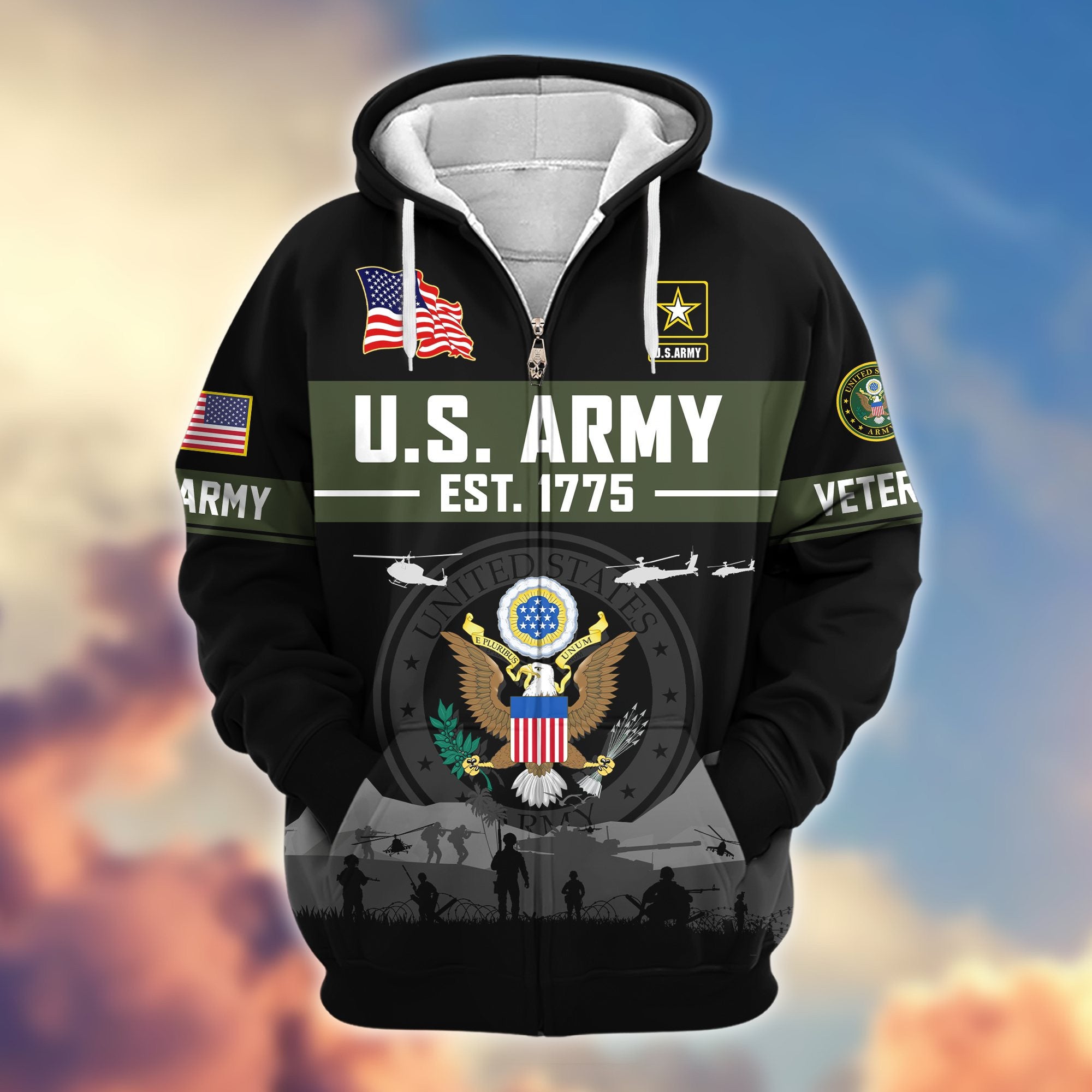 Premium US Veterans Zip Hoodie, Gifts For US Veterans, Gifts On Father's Day, Veterans Day.