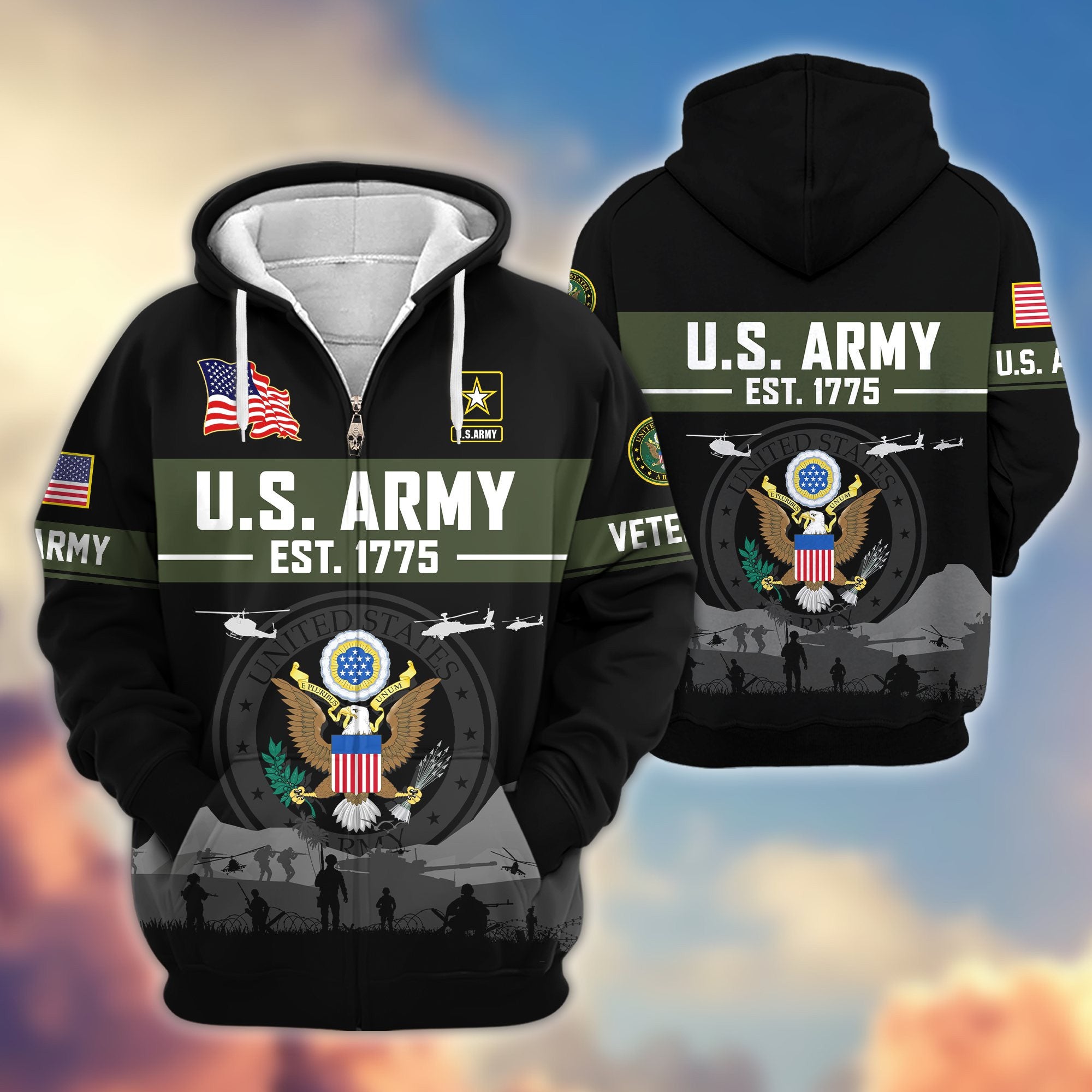 Premium US Veterans Zip Hoodie, Gifts For US Veterans, Gifts On Father's Day, Veterans Day.
