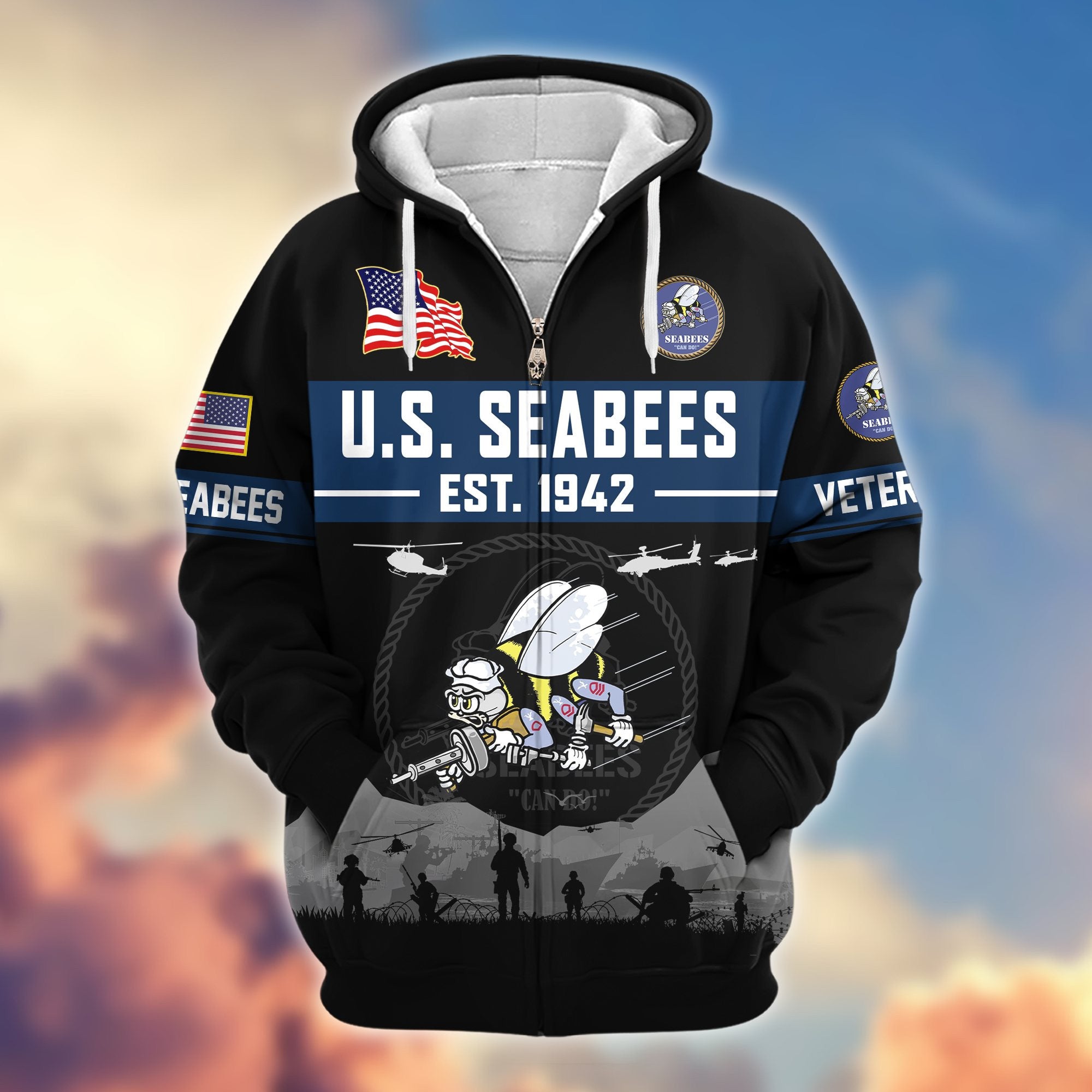 Premium US Veterans Zip Hoodie, Gifts For US Veterans, Gifts On Father's Day, Veterans Day.