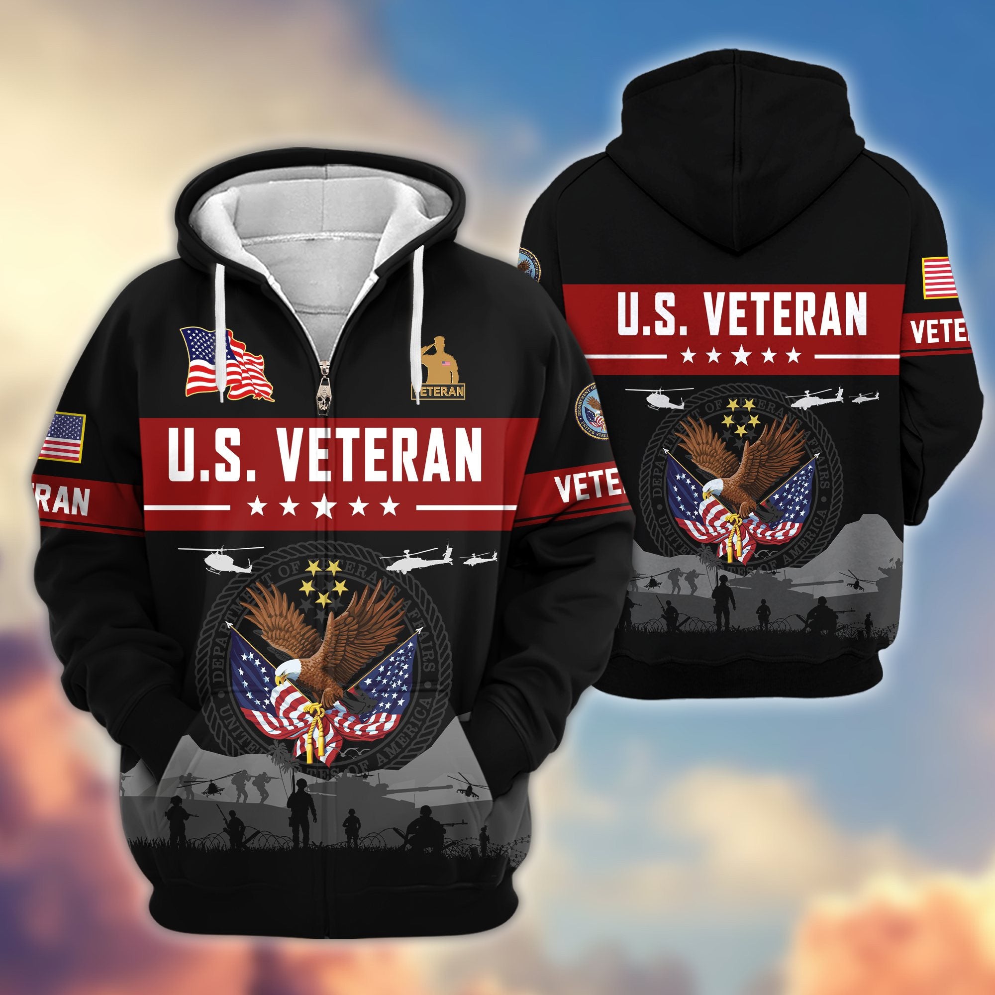 Premium US Veterans Zip Hoodie, Gifts For US Veterans, Gifts On Father's Day, Veterans Day.
