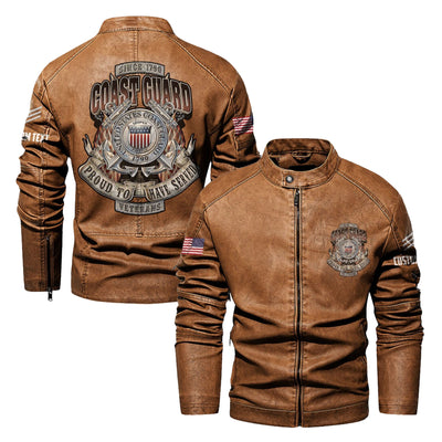 Premium Custom USCG Veteran Leather Jacket, Gifts For Coast Guard Veteran, Gifts On Father's Day, Veterans Day.