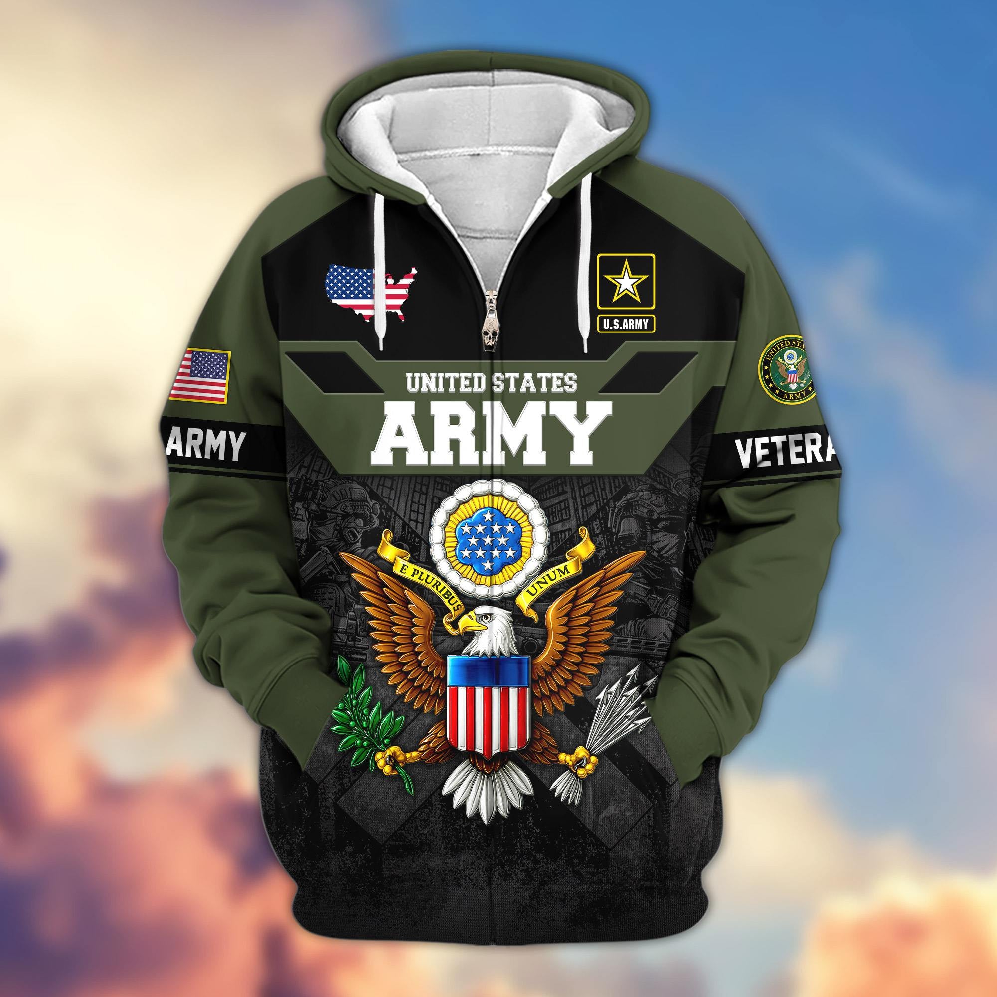 Premium US Veterans Zip Hoodie, Gifts For US Veterans, Gifts On Father's Day, Veterans Day.