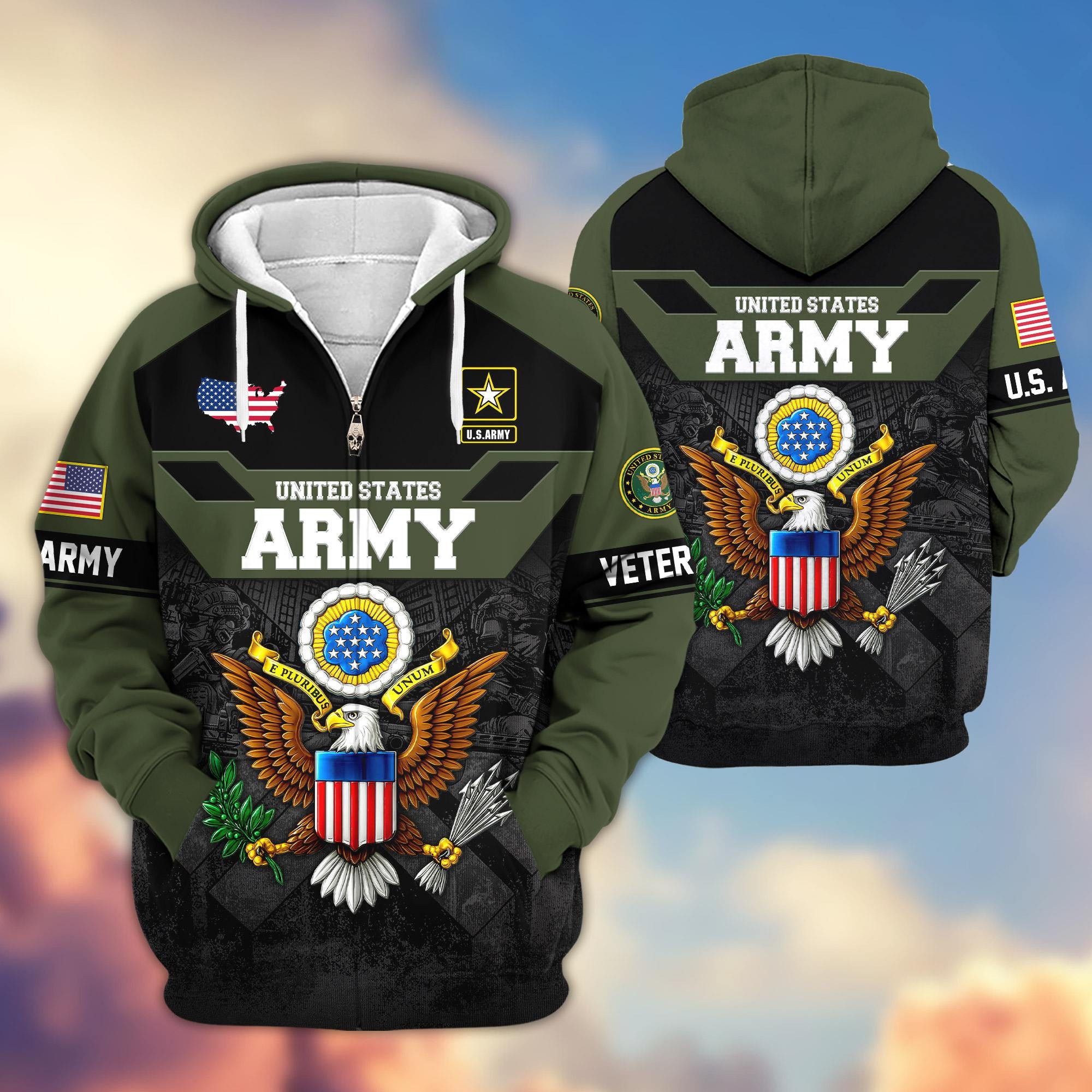 Premium US Veterans Zip Hoodie, Gifts For US Veterans, Gifts On Father's Day, Veterans Day.