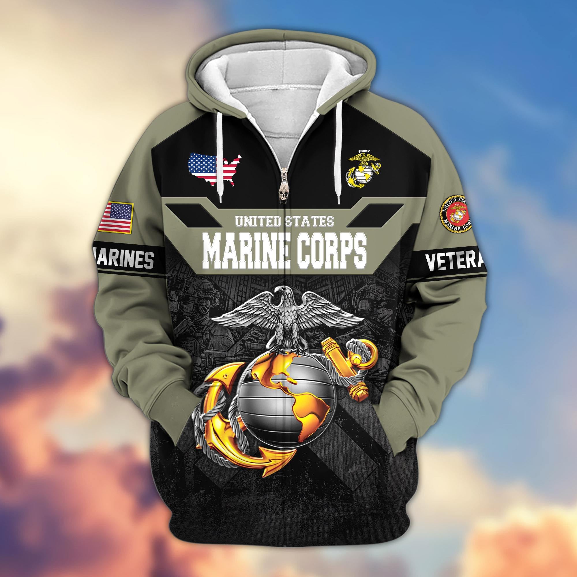 Premium US Veterans Zip Hoodie, Gifts For US Veterans, Gifts On Father's Day, Veterans Day.