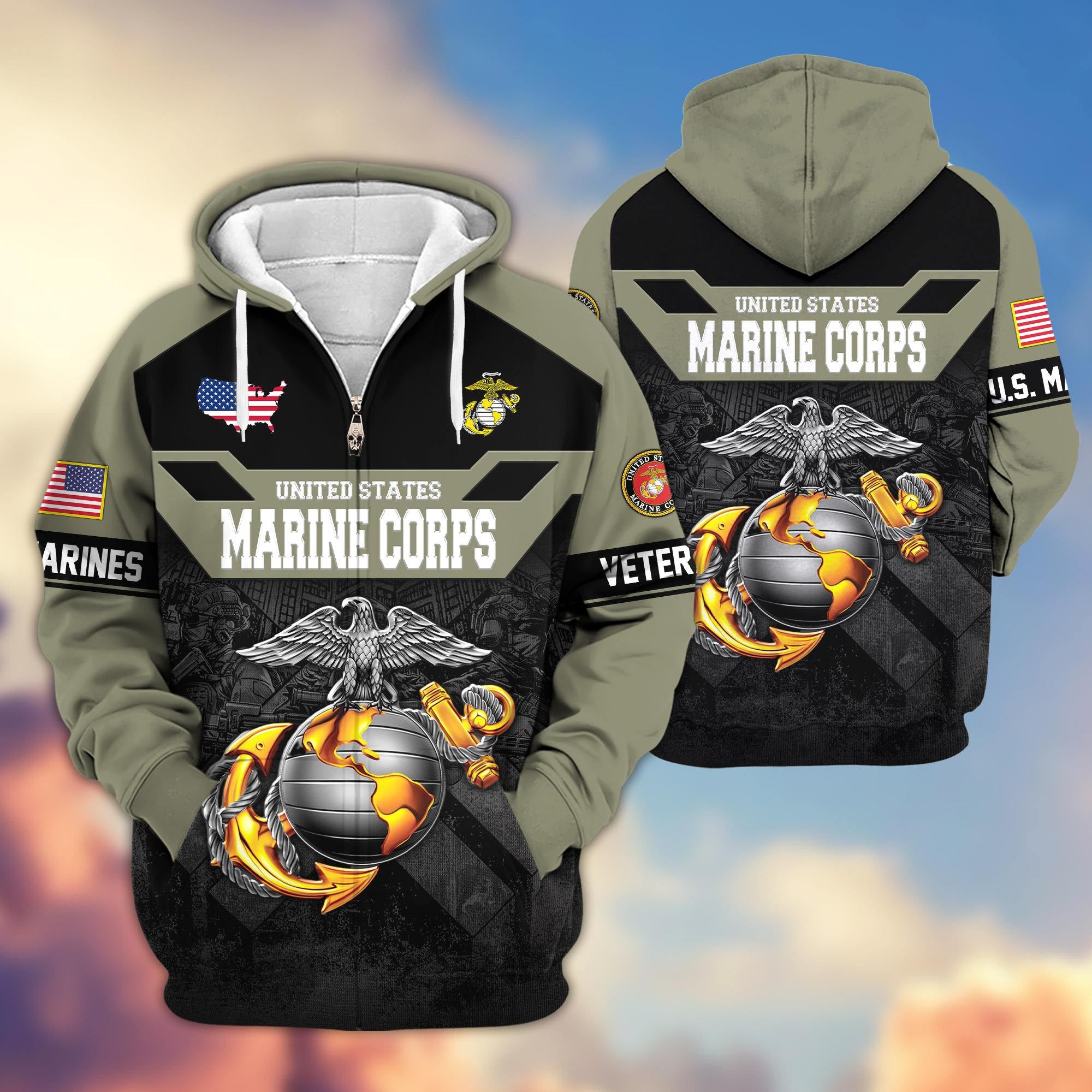 Premium US Veterans Zip Hoodie, Gifts For US Veterans, Gifts On Father's Day, Veterans Day.