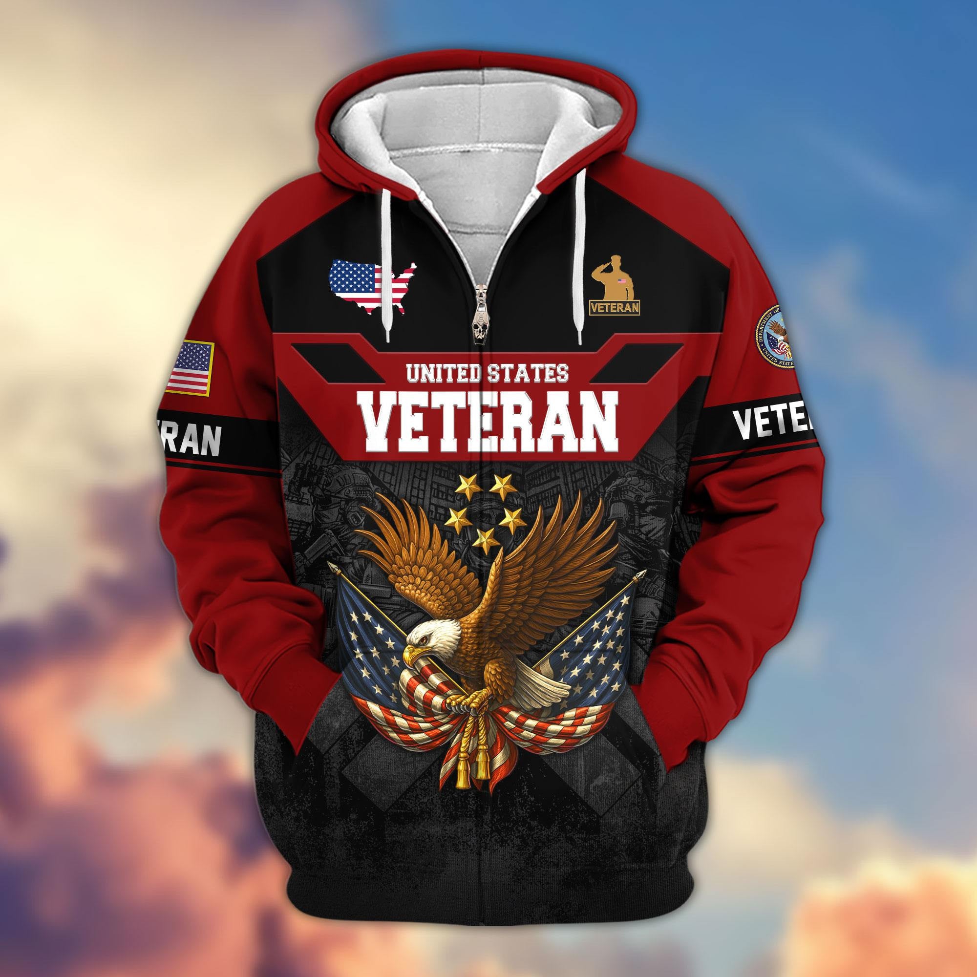 Premium US Veterans Zip Hoodie, Gifts For US Veterans, Gifts On Father's Day, Veterans Day.