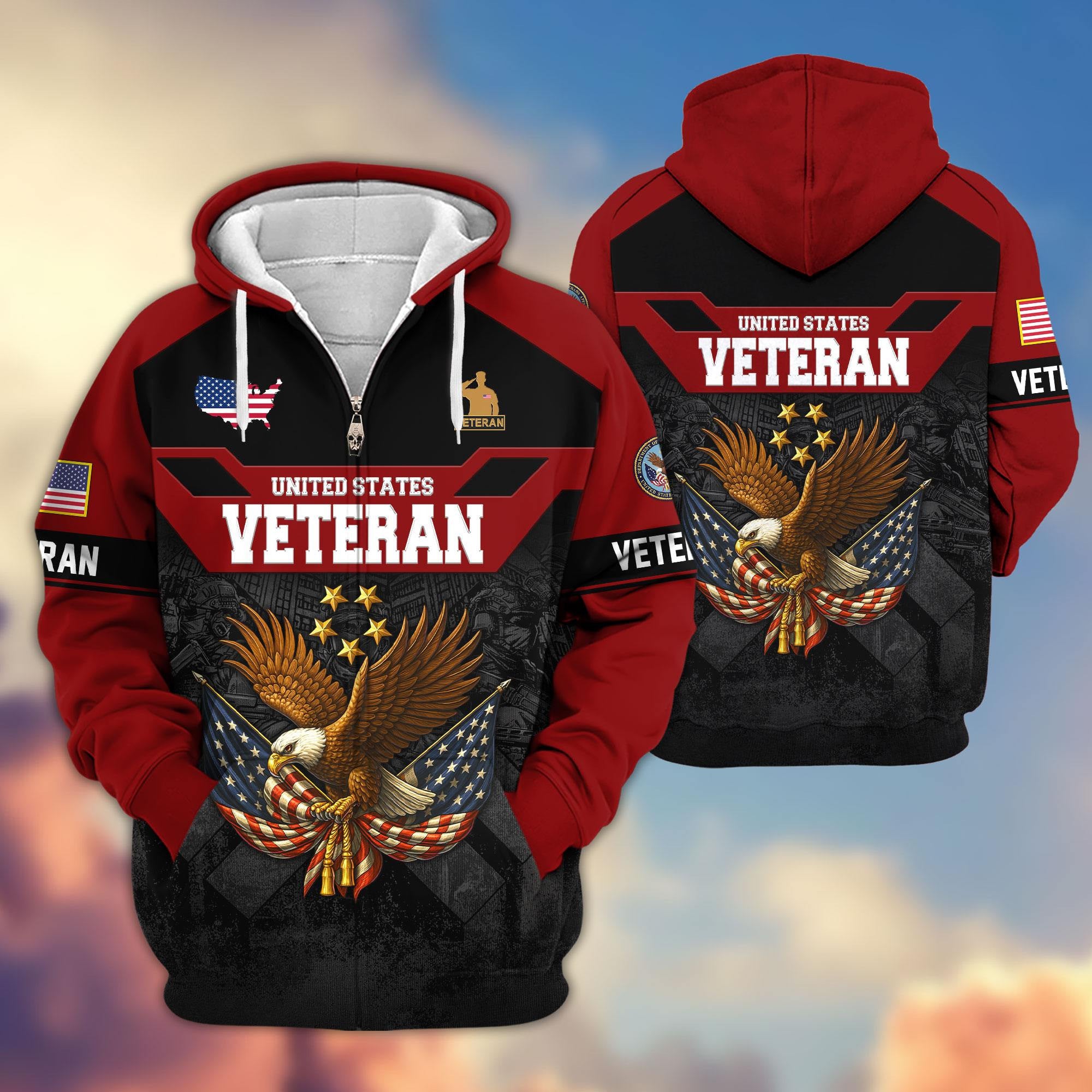 Premium US Veterans Zip Hoodie, Gifts For US Veterans, Gifts On Father's Day, Veterans Day.