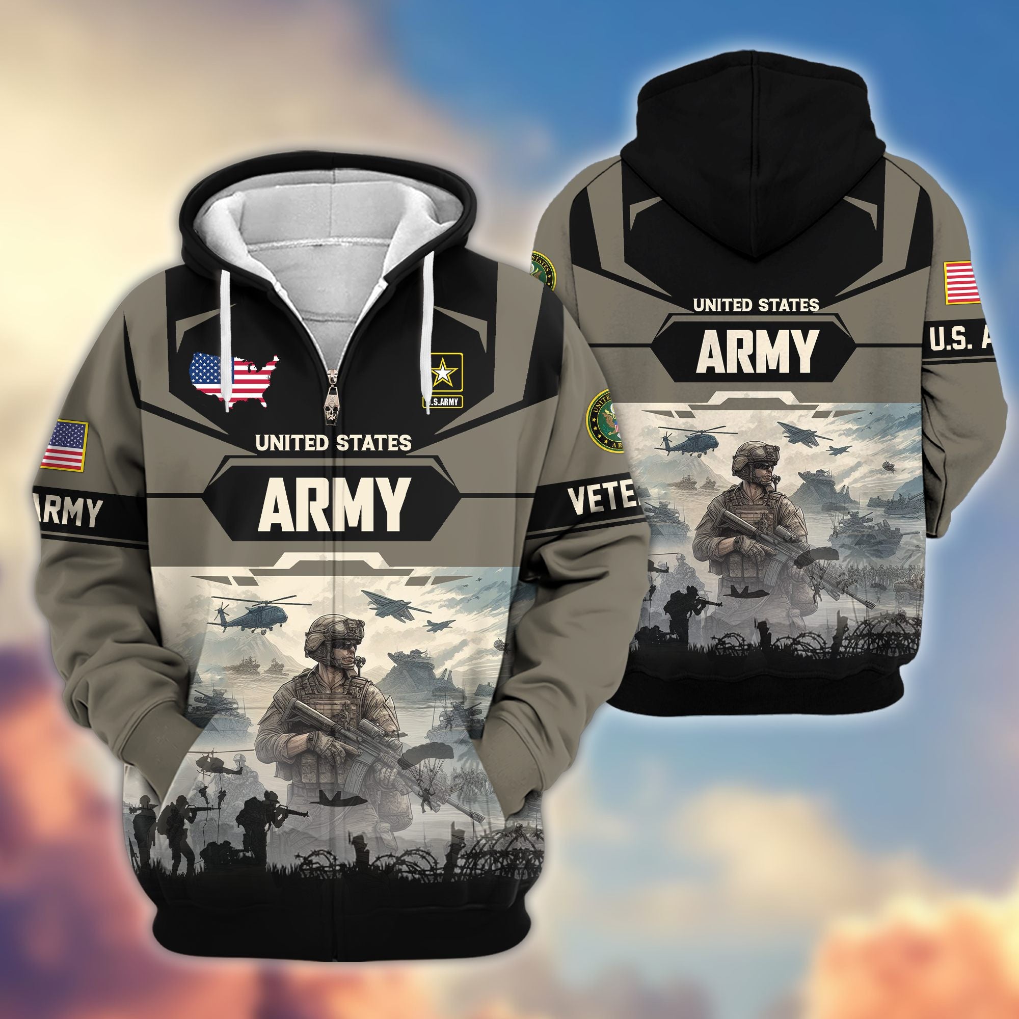Premium US Veterans Zip Hoodie, Gifts For US Veterans, Gifts On Father's Day, Veterans Day.