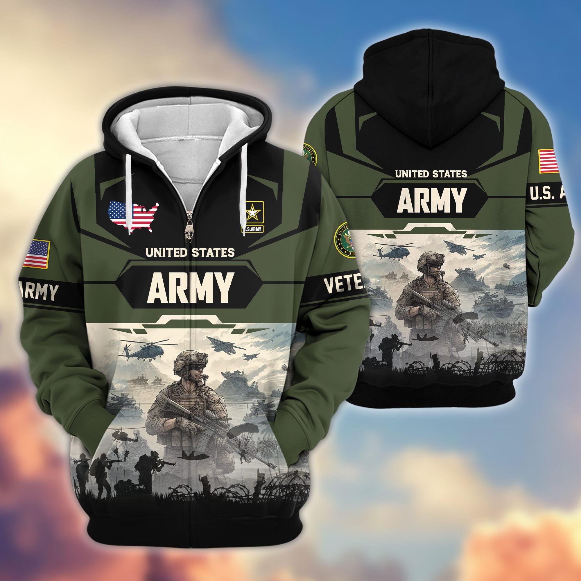 Premium US Veterans Zip Hoodie, Gifts For US Veterans, Gifts On Father's Day, Veterans Day.